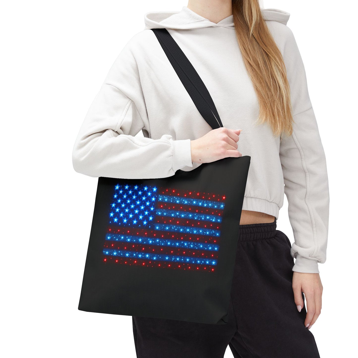 Galaxy Bioluminescent USA Flag Tote Bag - Patriotic Cosmic Canvas Shopper - Starry Red White Blue Tote Non-Glow - 4th July Gift