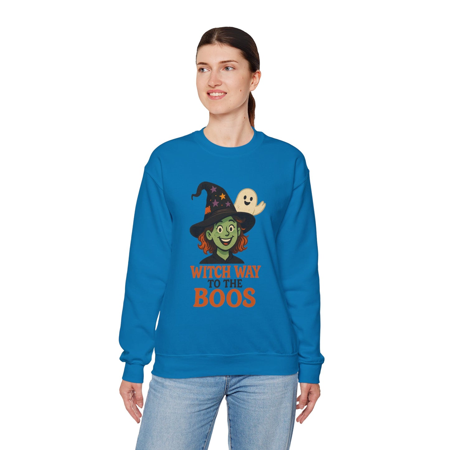 Witch Way To The Boos Sweatshirt, Funny Witch Halloween Crewneck, Witchy Ghost Sweatshirt, Spooky Season Graphic Pullover, Lighthearted Halloween Wear