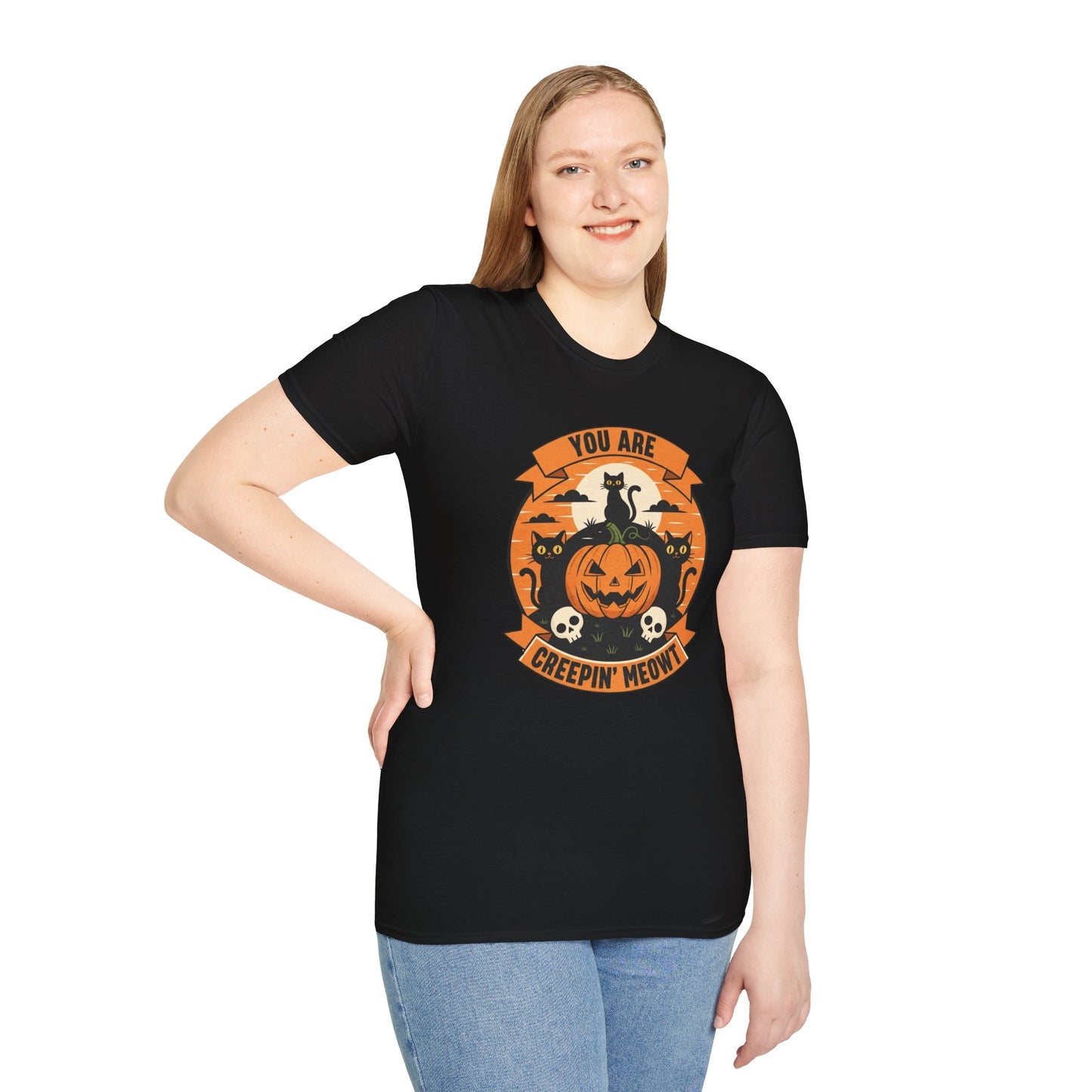 You Are Creepin' Meowt Halloween Cat T-Shirt | Funny Spooky Cat Tee | Black Cat Pumpkin Shirt | Cute Halloween Gift for Cat Lovers