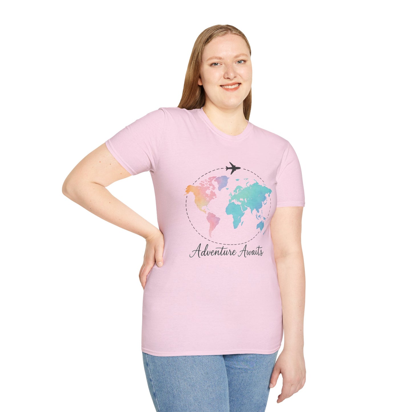Adventure Awaits Travel Shirt | Watercolor World Map Tee for Women and Men | Wanderlust Gift for Travelers, Hikers, Campers, Beach Lovers