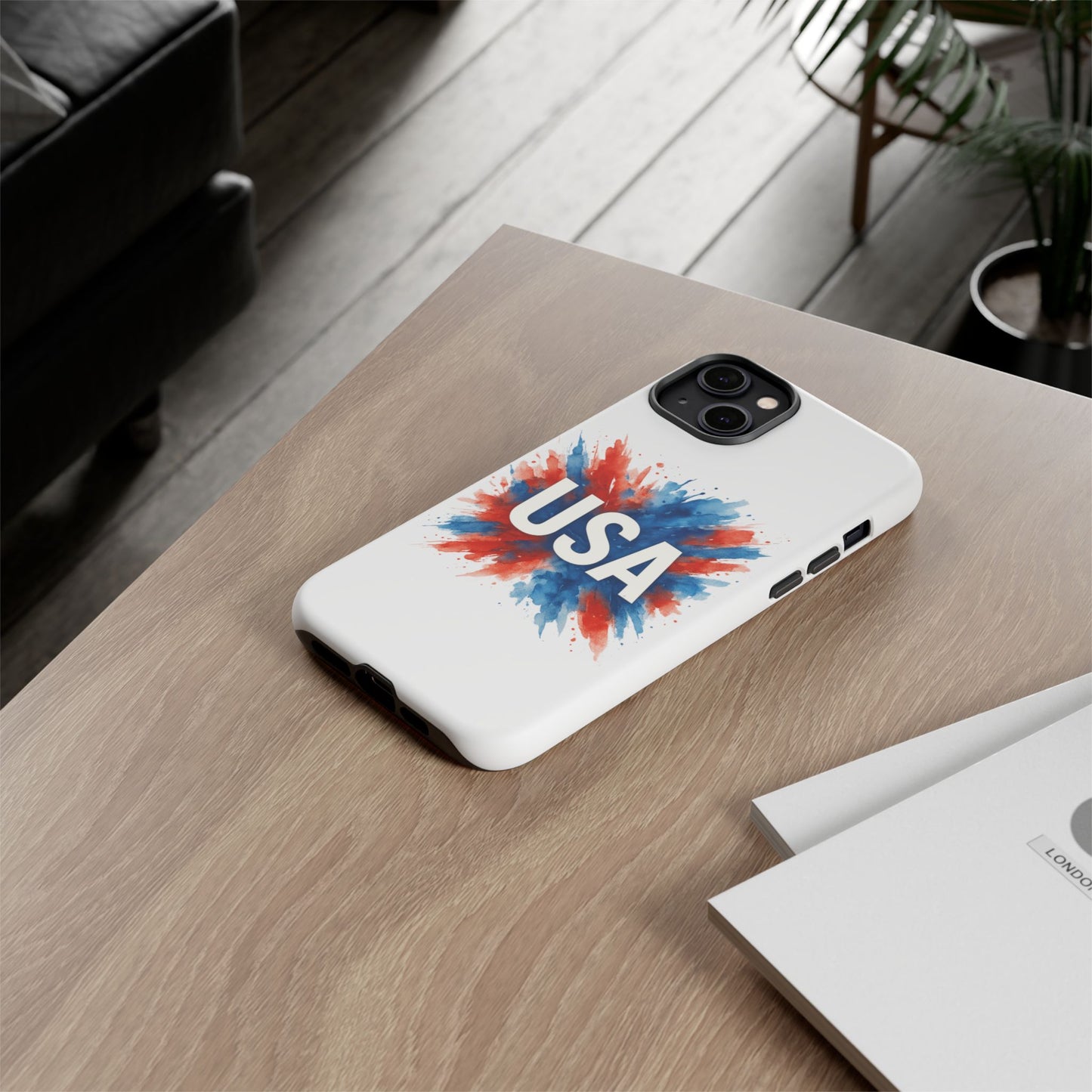 USA Splash iPhone Case - Patriotic Red White Blue Tough Cover, Dual-Layer Protection, 4th of July Memorial Day Gift