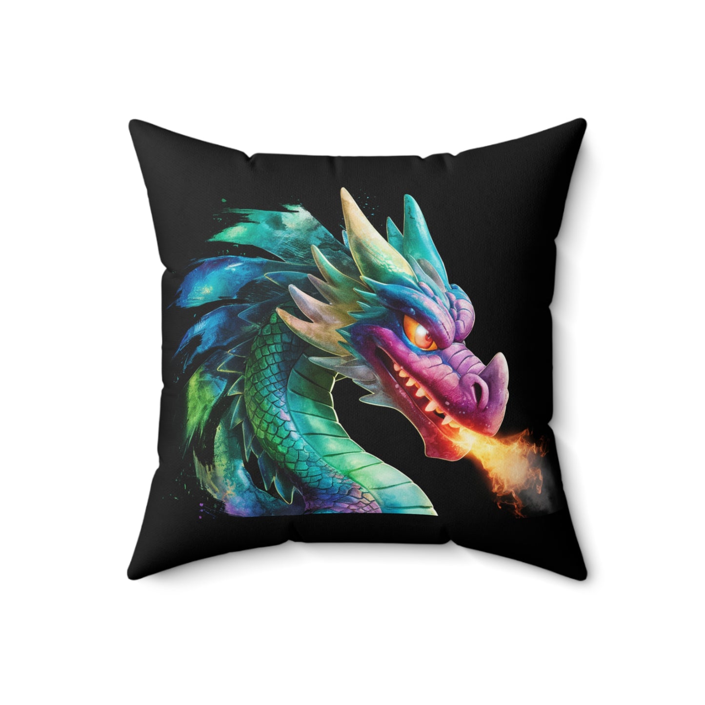 Colorful Fire Breathing Dragon Pillow | Fantasy Throw Pillow | Gamer Gift | Dragon Decor | Mythical Creature Cushion