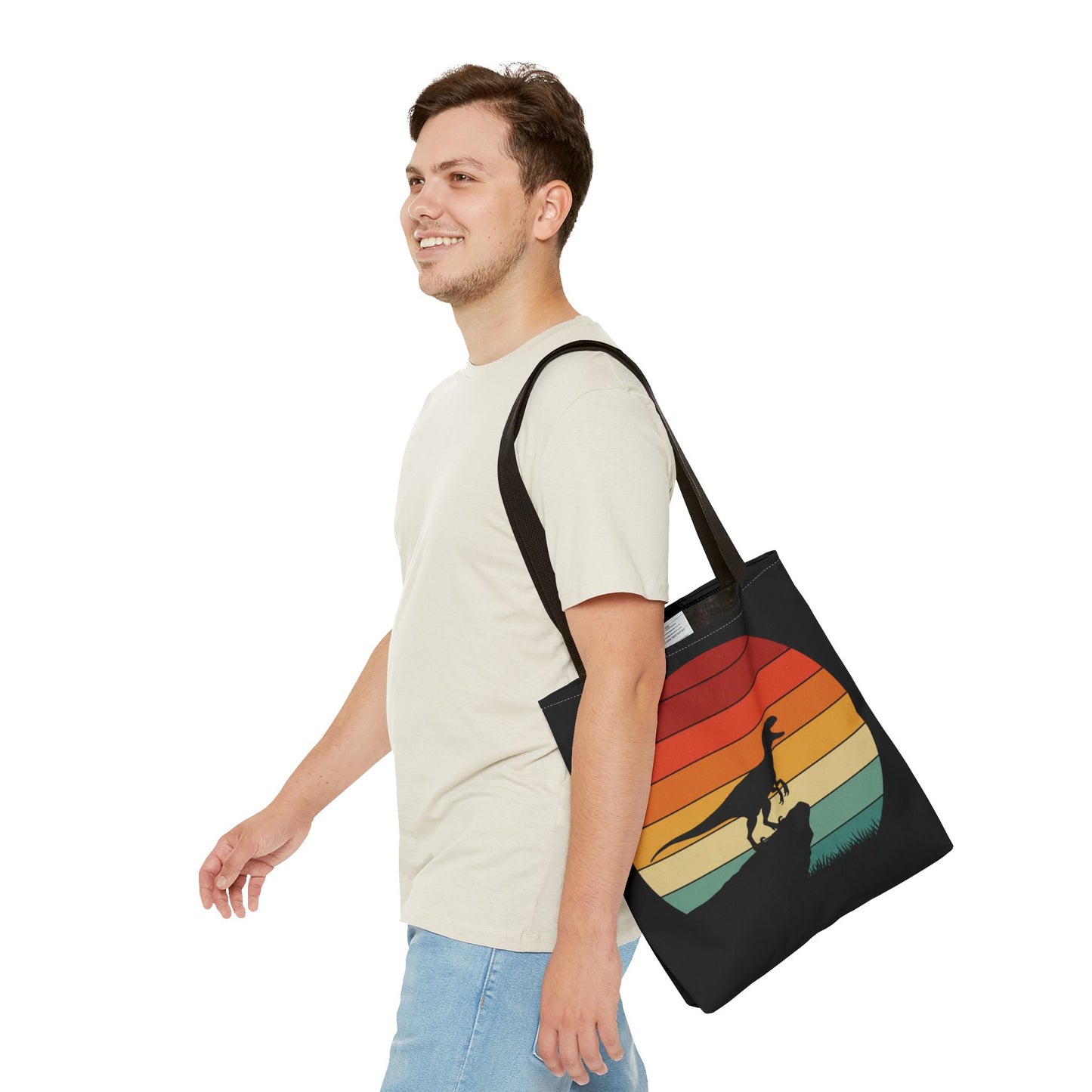 Retro Dino Sunset Tote Bag - Eco Canvas Dinosaur Beach Bag | Sustainable and Stylish Camping, Dino Lover Gift, Reusable Market Tote