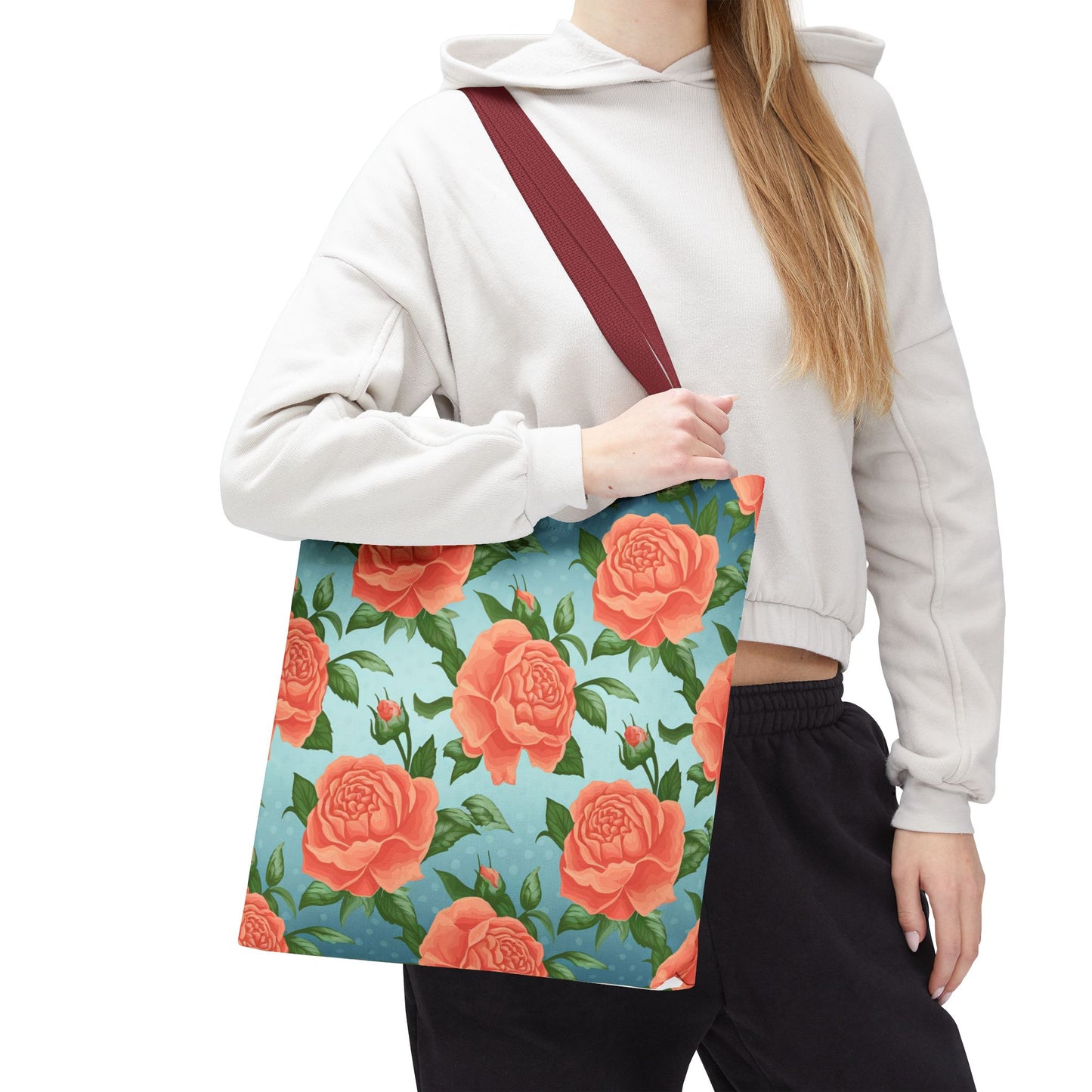 Vintage Floral Tote Bag – Coral Rose Pattern on Blue Background – Aesthetic Everyday Carry Bag – Reusable Fabric Market Tote Gift
