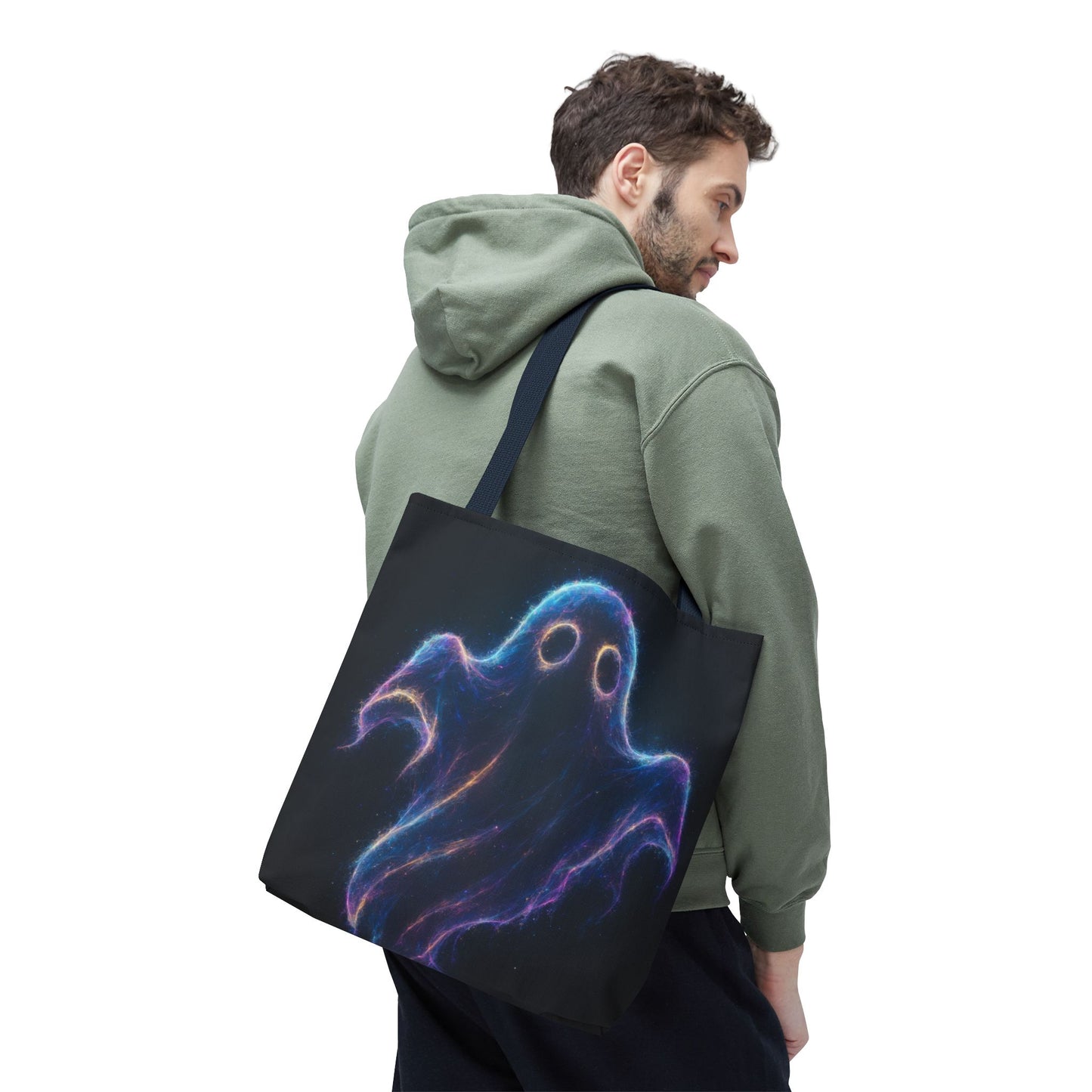 Neon Ghost Tote Bag, Spooky Halloween Canvas Tote, Glowing Cosmic Ghost Design Bag, Reusable Trick Or Treat Tote, Gothic Gift Accessory