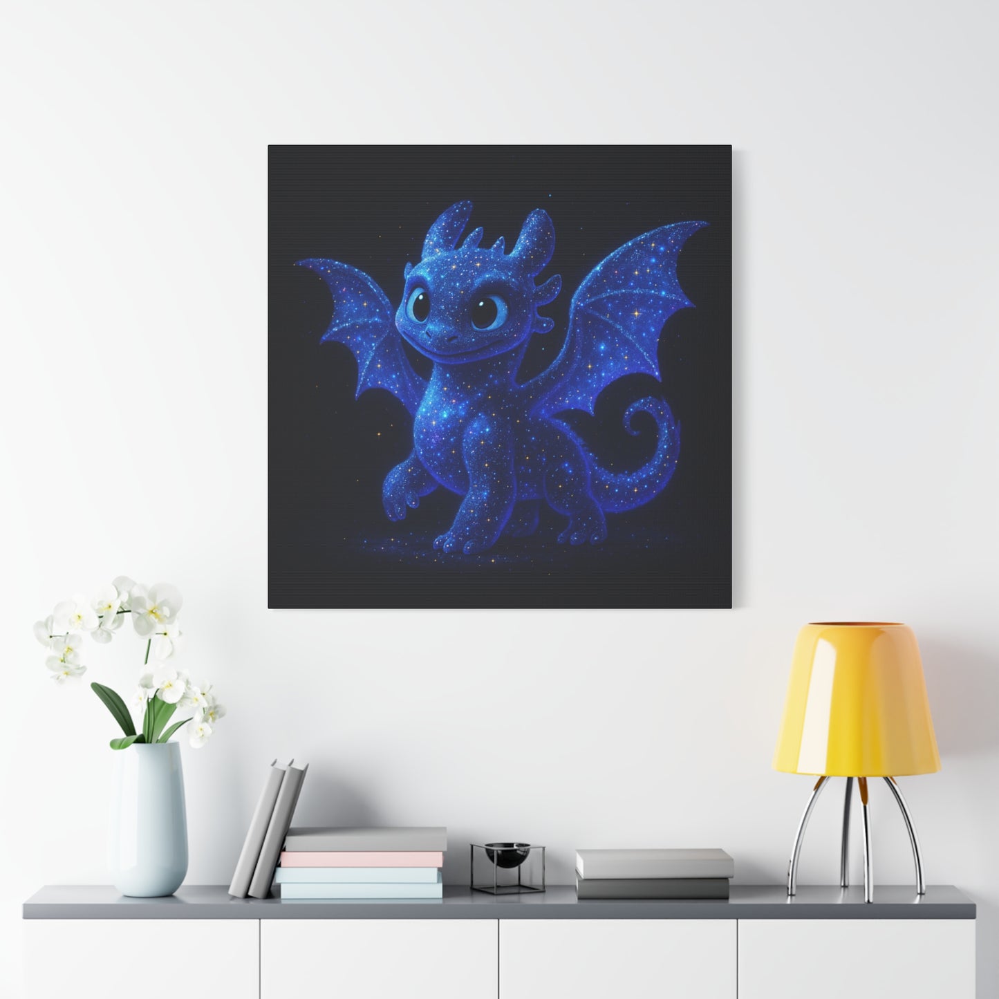 Galaxy Baby Dragon Wall Art | Cute Fantasy Dragon Canvas Print | Starry Night Nursery Decor | Whimsical Creature Room Artwork