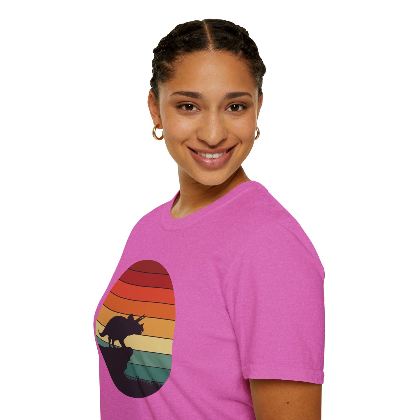 Retro Triceratops Sunset T-Shirt - Vintage Dino Graphic Tee - Unisex Softstyle Dinosaur Shirt - Nature and Prehistoric Lover Gift