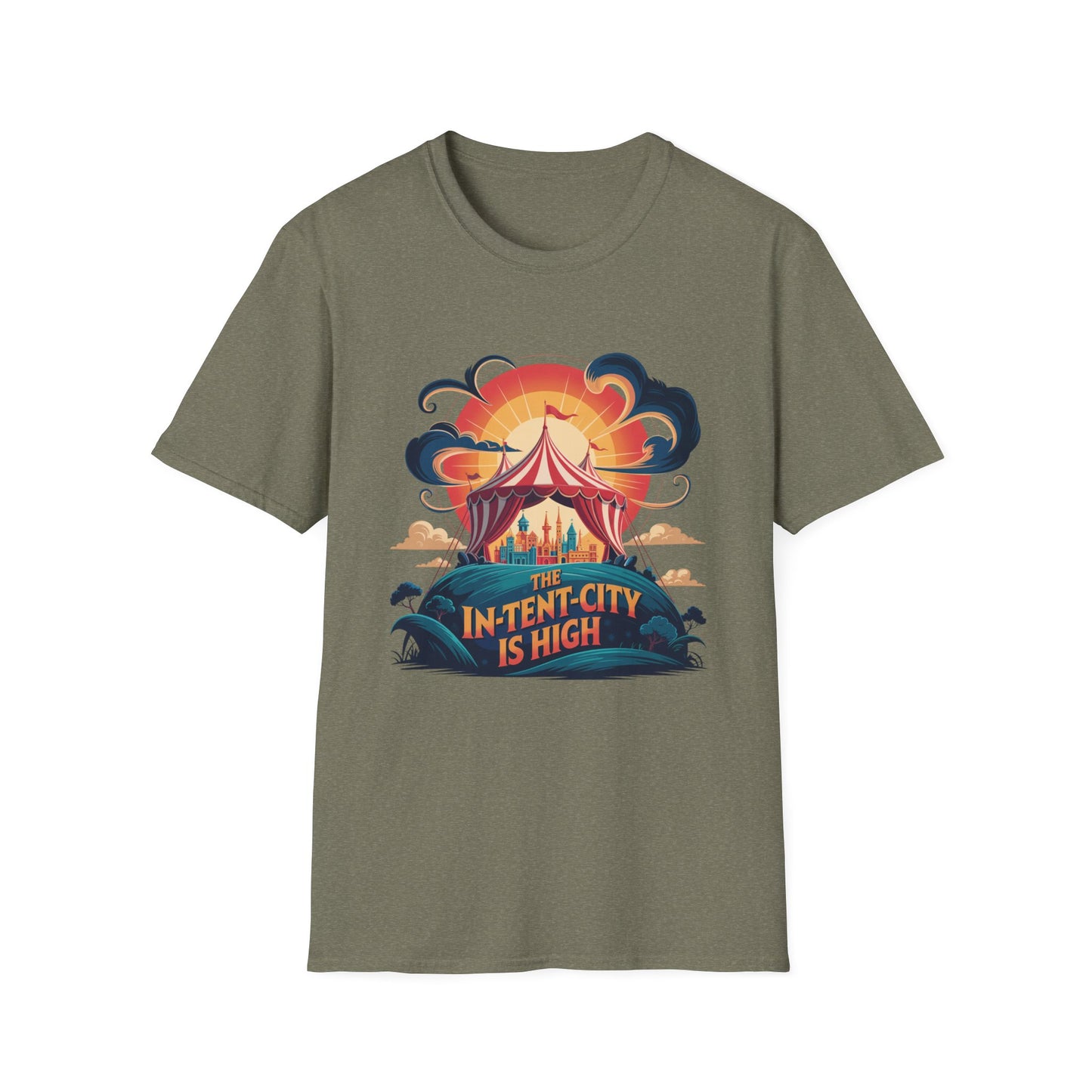 In-Tent-City Is High Retro Camp T-Shirt | Vintage Circus Tent + Cityscape Graphic | Funny Outdoors Urban Adventure Tee | Unisex Camper Shirt