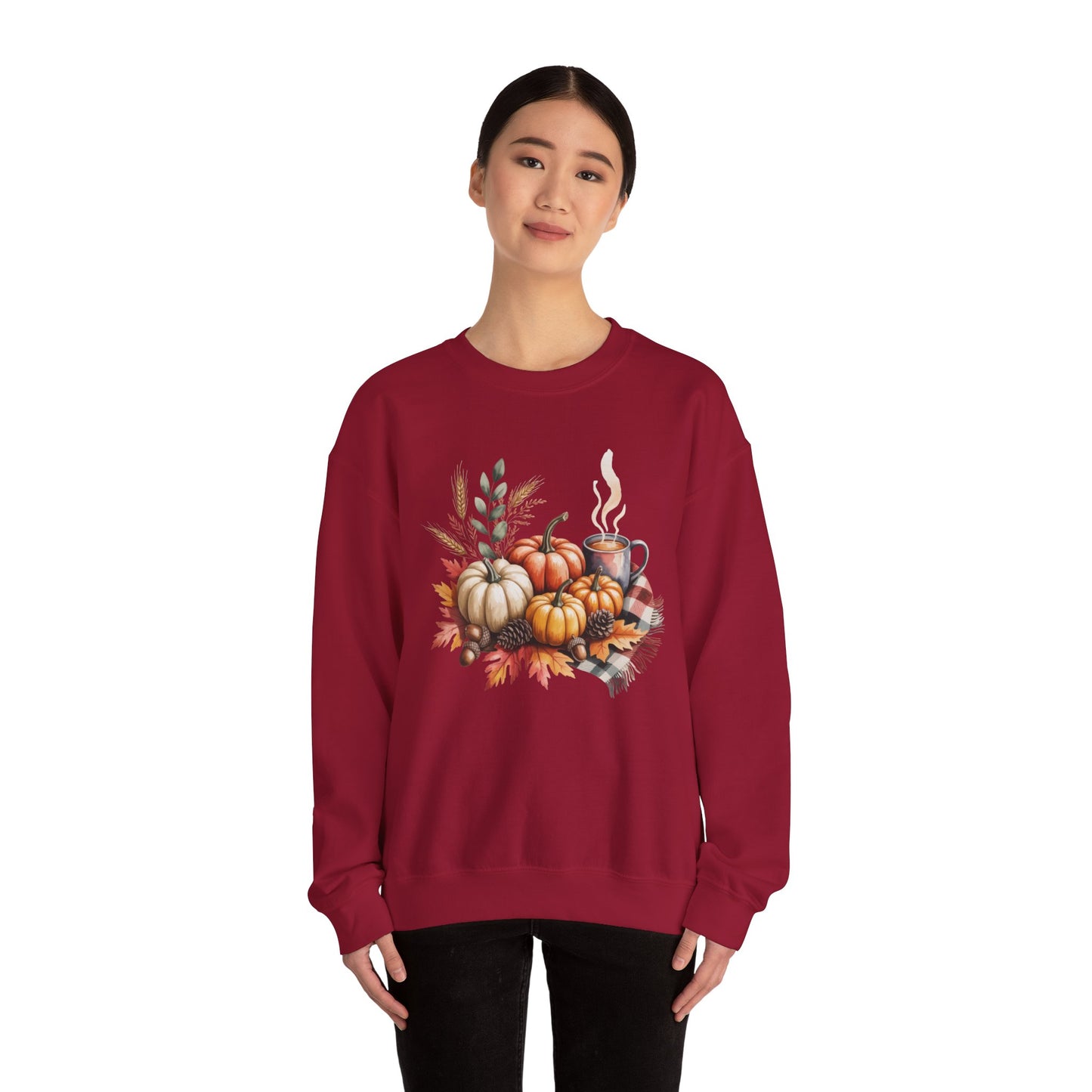 Fall Pumpkin Sweatshirt, Cozy Autumn Crewneck, Thanksgiving Sweater With Pumpkins And Coffee, Fall Leaves Pullover, Seasonal Gift