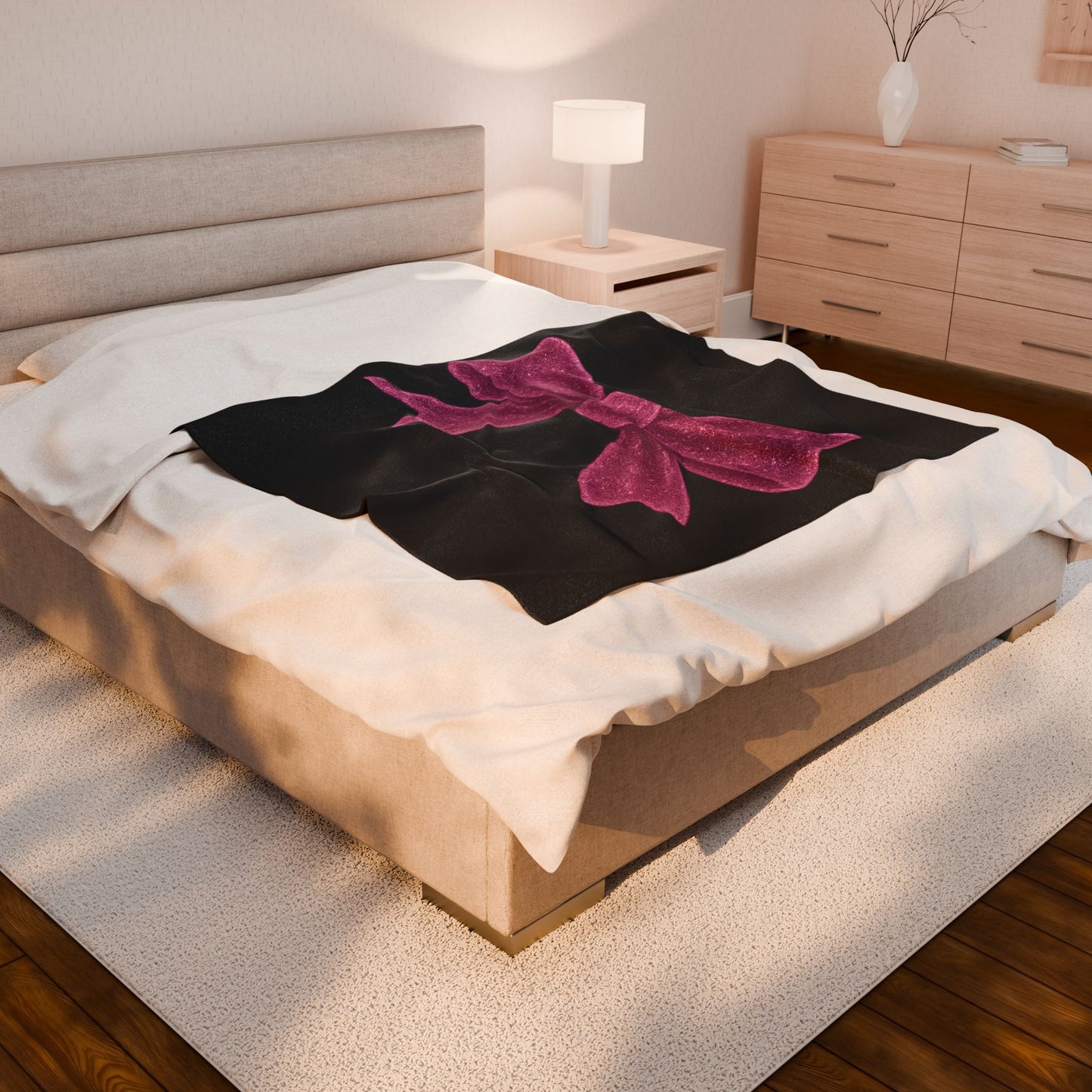 Black Throw Blanket with Glitter Pink Bow – Cozy Soft Bed Cover – Girly Glam Room Decor – Teen Girl Gift – Elegant Bedding Accent