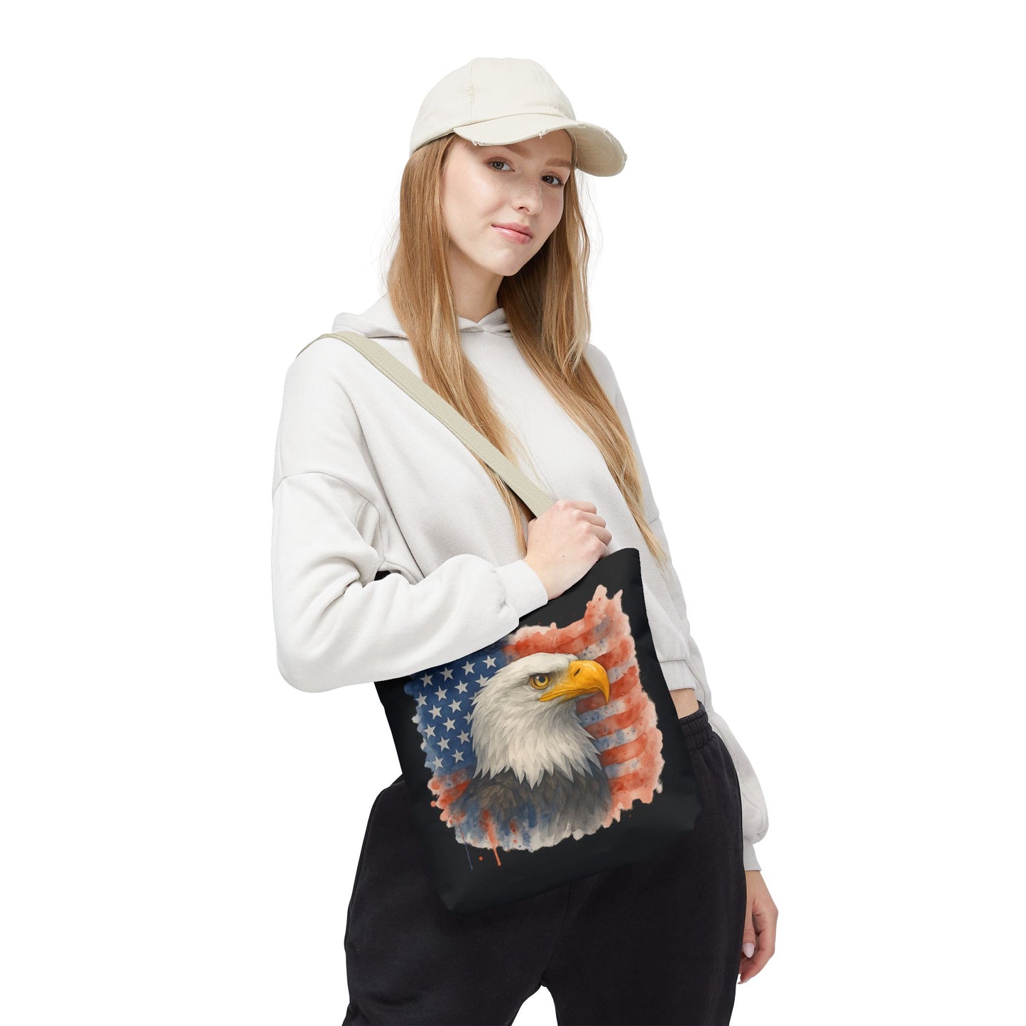 Patriotic Tote Bag with American Flag and Bald Eagle Watercolor Print 4th of July Bag Memorial Day Tote Veteran's Day Tote Bag