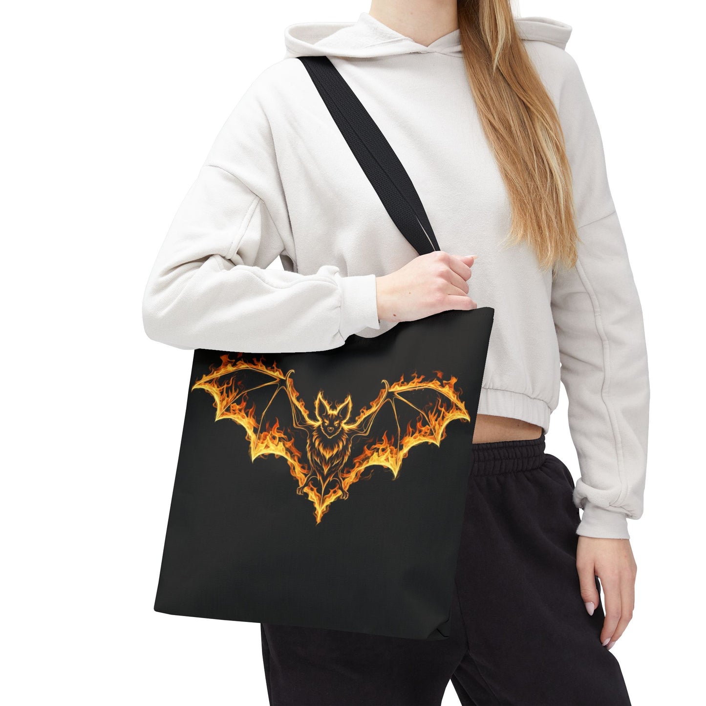 Flaming Bat Tote Bag, Gothic Halloween Canvas Tote, Fiery Wing Bat Design Tote, Spooky Season Accessory, Gothic Gift Tote