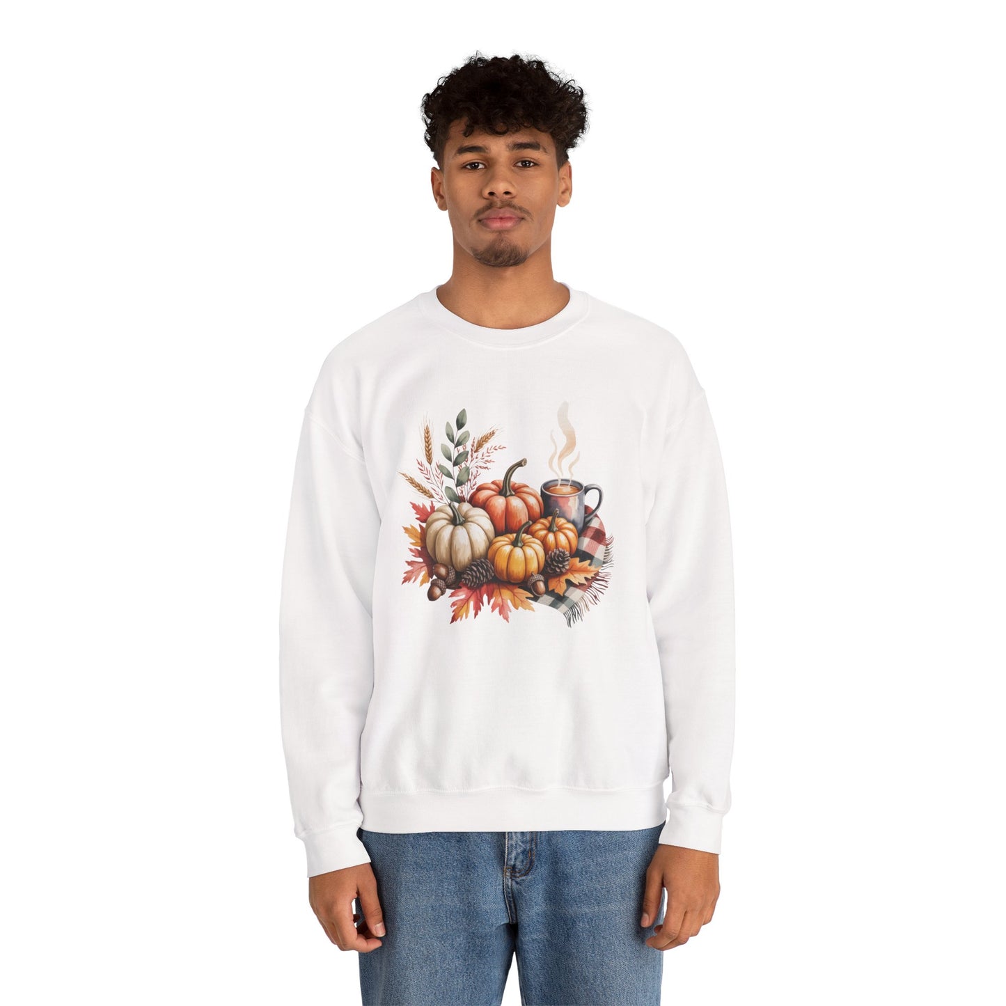 Fall Pumpkin Sweatshirt, Cozy Autumn Crewneck, Thanksgiving Sweater With Pumpkins And Coffee, Fall Leaves Pullover, Seasonal Gift
