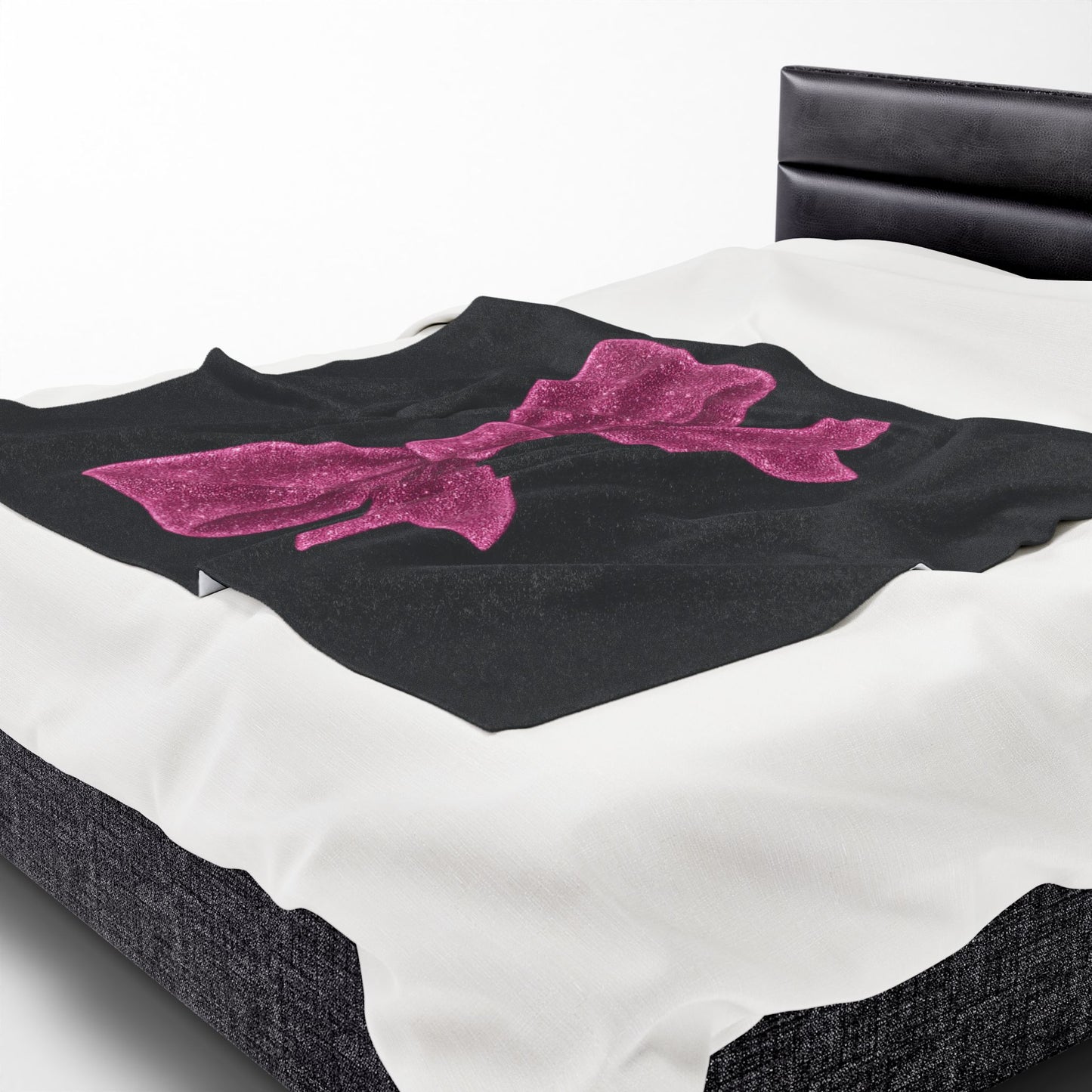 Black Throw Blanket with Glitter Pink Bow – Cozy Soft Bed Cover – Girly Glam Room Decor – Teen Girl Gift – Elegant Bedding Accent