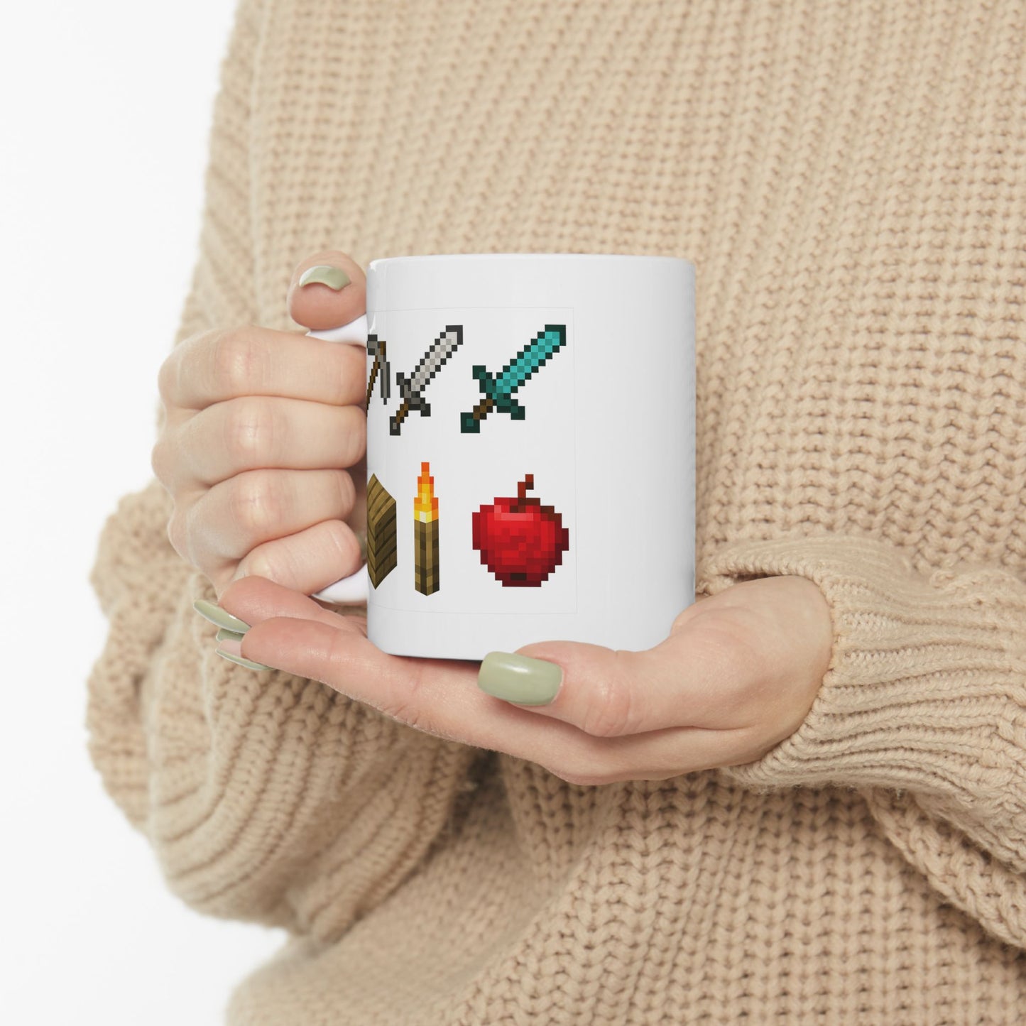 Pixel Survival Gamer Mug – Block Builder Adventure Coffee Cup with 8-Bit Tools, Swords, Torch & Apple | Funny Gaming Gift for Fans