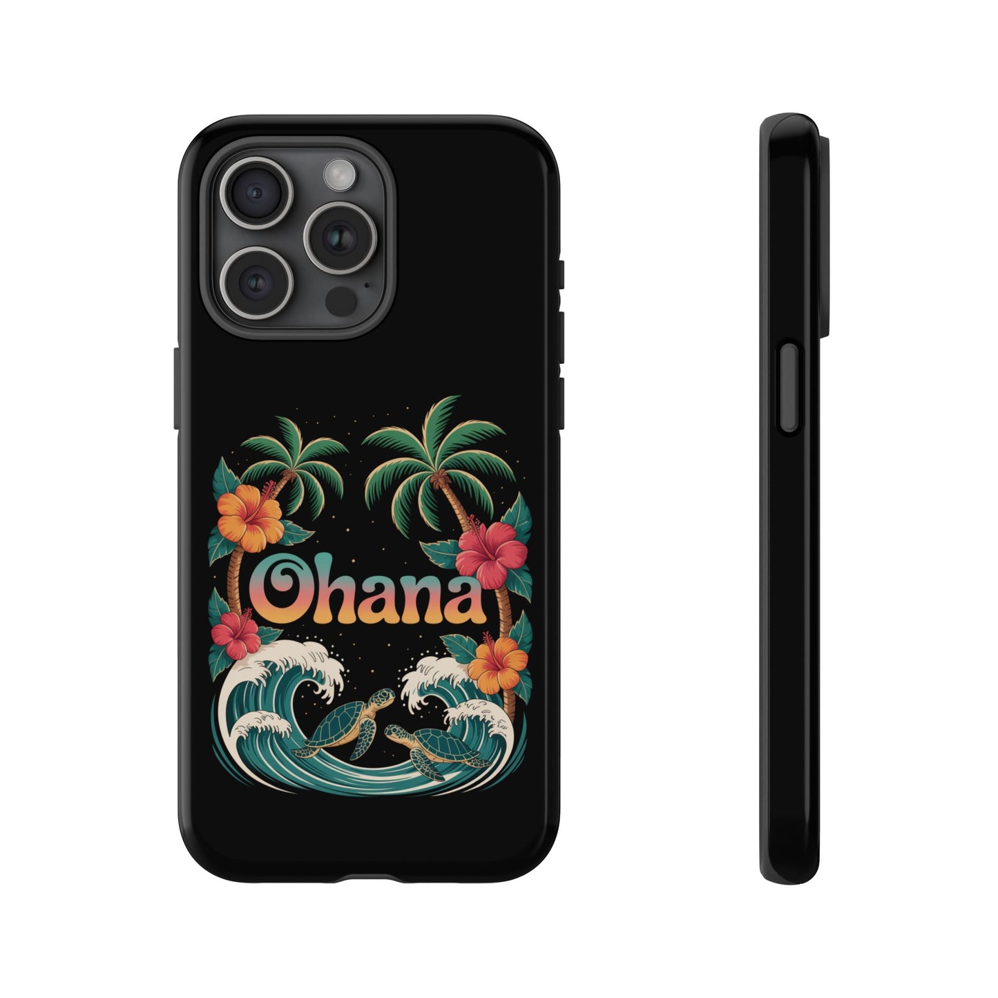 Tropical Ohana iPhone Case - Beach Vibes Cover with Palms, Hibiscus and Turtles - Rugged and Glossy Summer Phone Protector