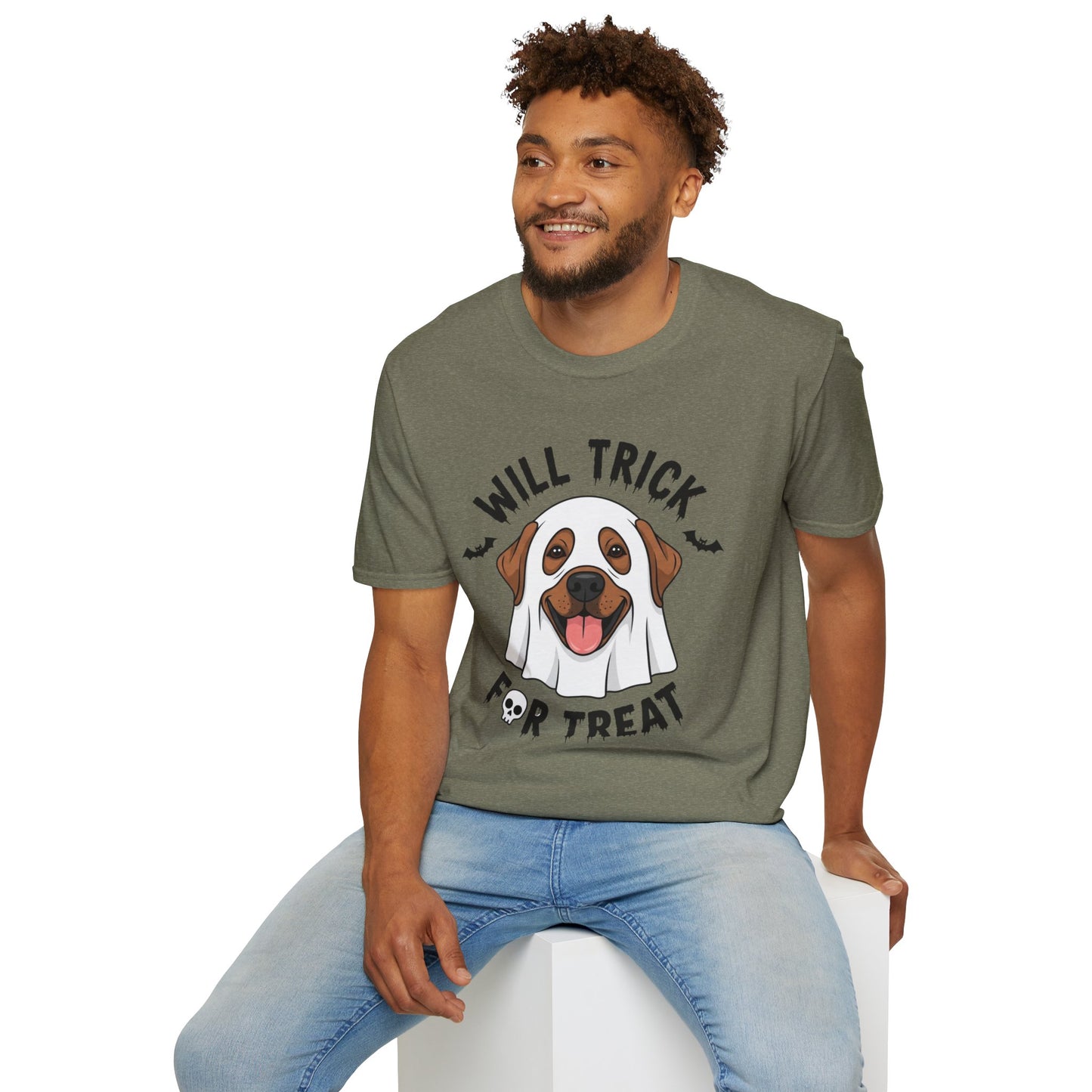 Will Trick for Treat Ghost Dog Halloween T-Shirt | Funny Spooky Dog Tee | Trick or Treat Pup Graphic Tee | Cute Fall Gift for Dog Lovers