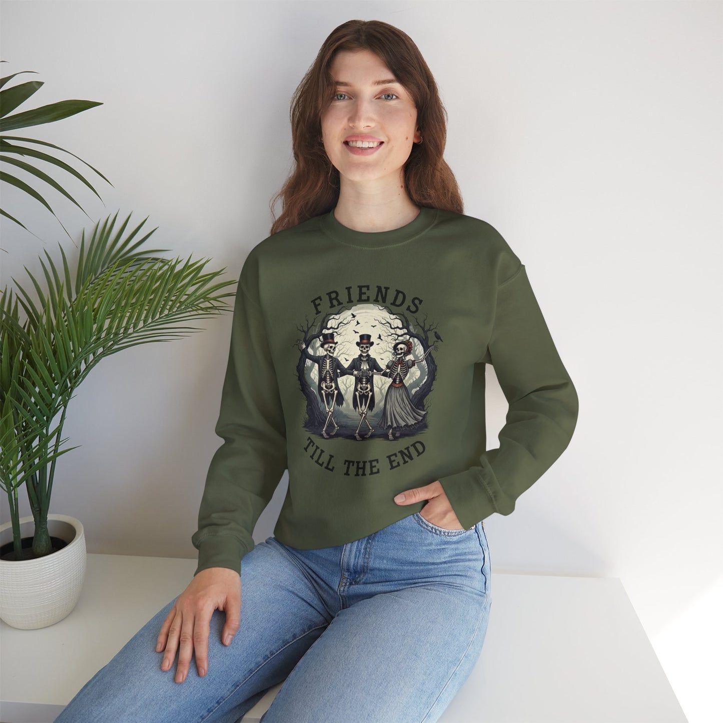 Friends Till The End Skeleton Sweatshirt | Dancing Skeletons Halloween Crewneck | Spooky Fall Graphic Pullover Gift for Bestie