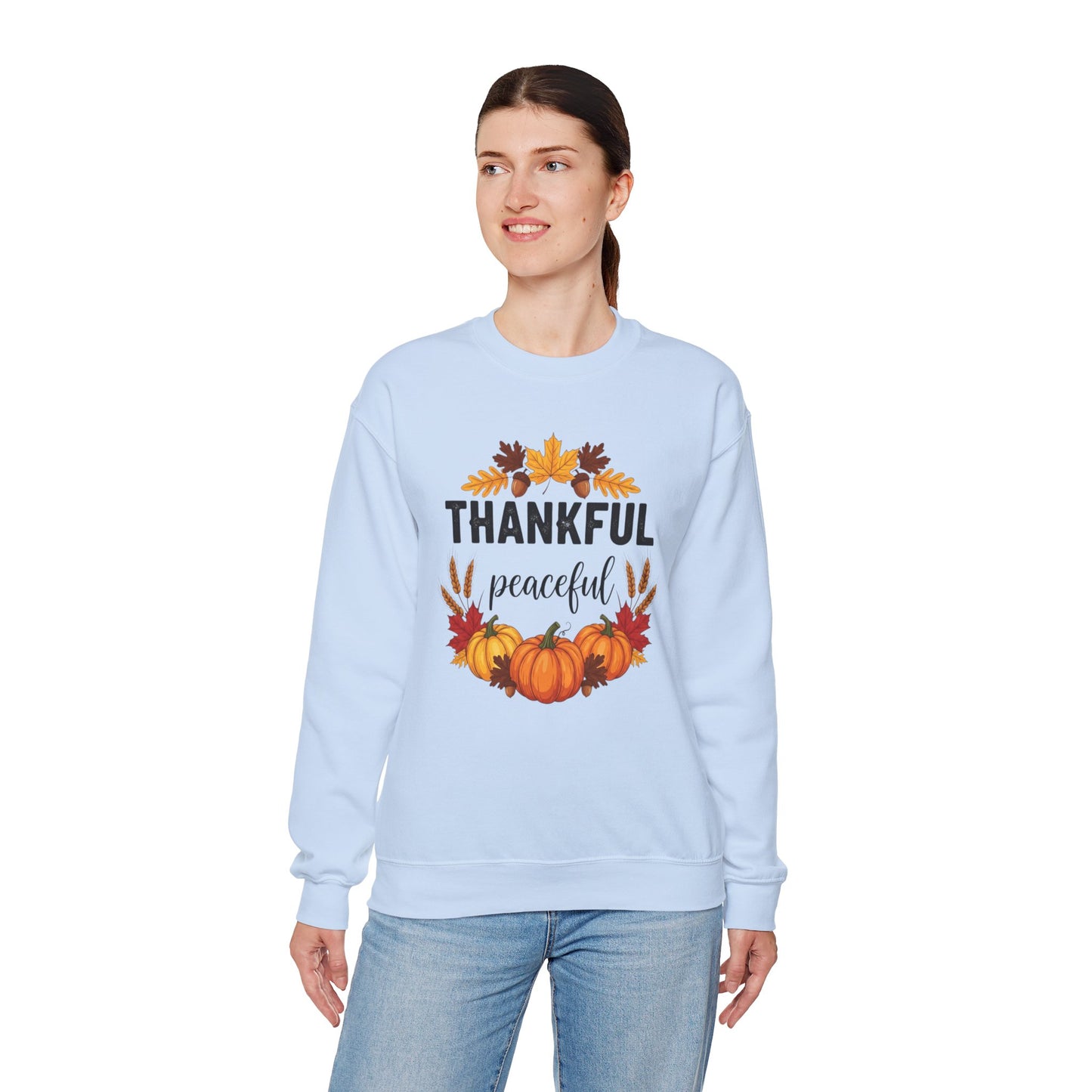 Thankful Peaceful Fall Sweatshirt, Autumn Pumpkin Crewneck, Thanksgiving Sweater, Cozy Seasonal Pullover, Gratitude Gift For Women Men