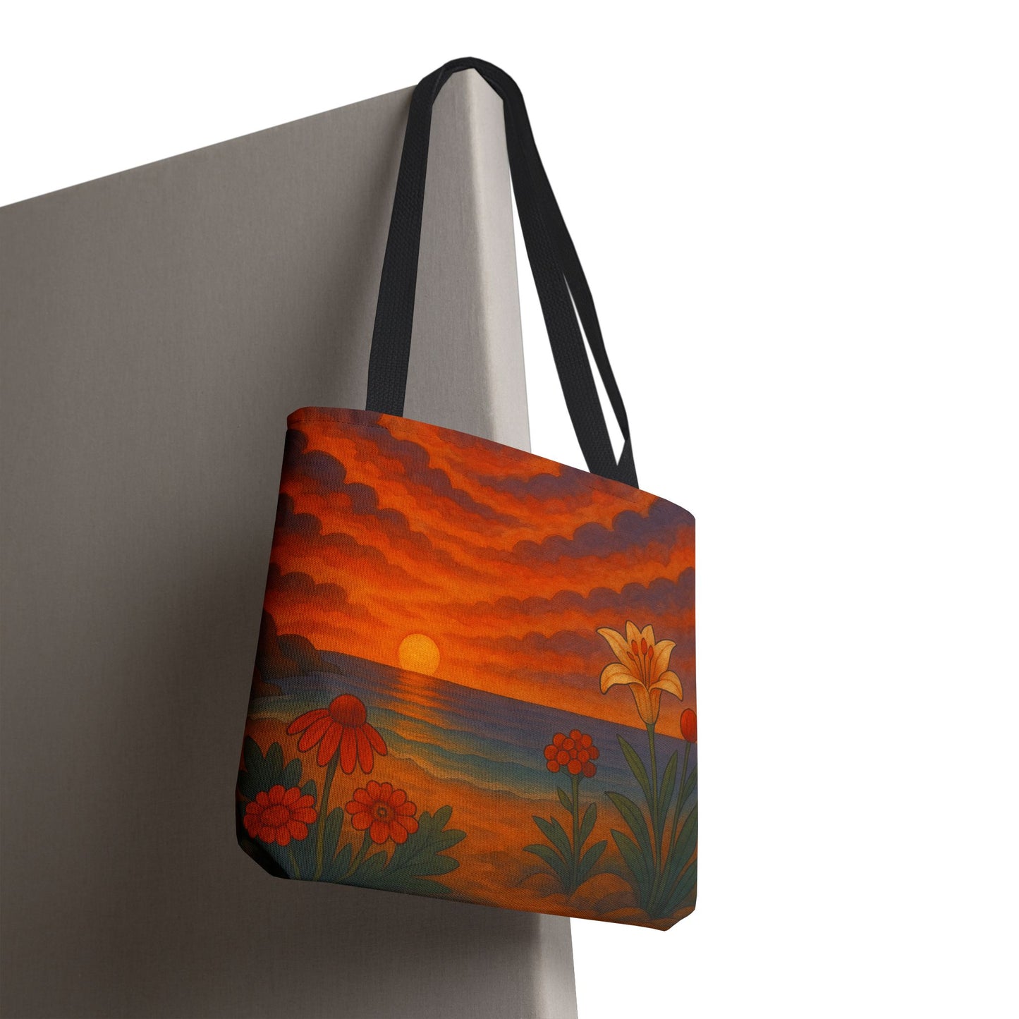 Retro Sunset Tote Bag with Wildflowers – Vibrant Floral Landscape Art, Nature-Inspired Reusable Bag, 70s Style Summer Accessory