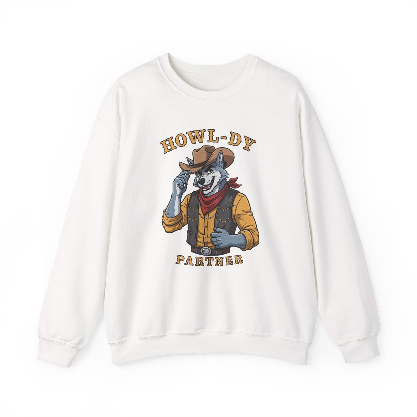 Howl-dy Partner Wolf Sweatshirt, Cowboy Werewolf Halloween Crewneck, Western Spooky Graphic Pullover for Animal Lover Gift Sweatshirt