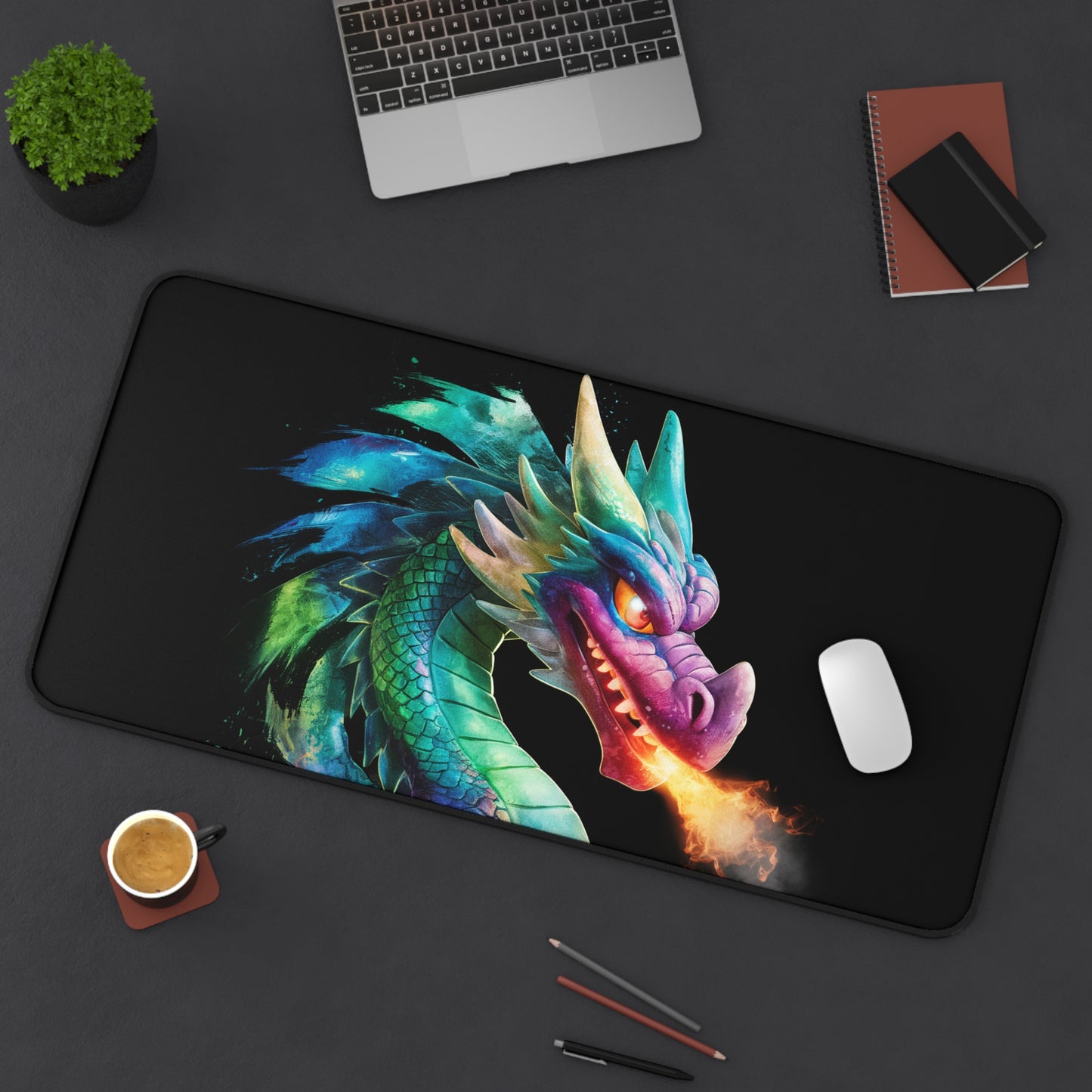 Fantasy Dragon Desk Mat & Gaming Mouse Pad | Colorful Fire-Breathing Dragon Office & Gaming Desk Accessory | Gift for Gamers