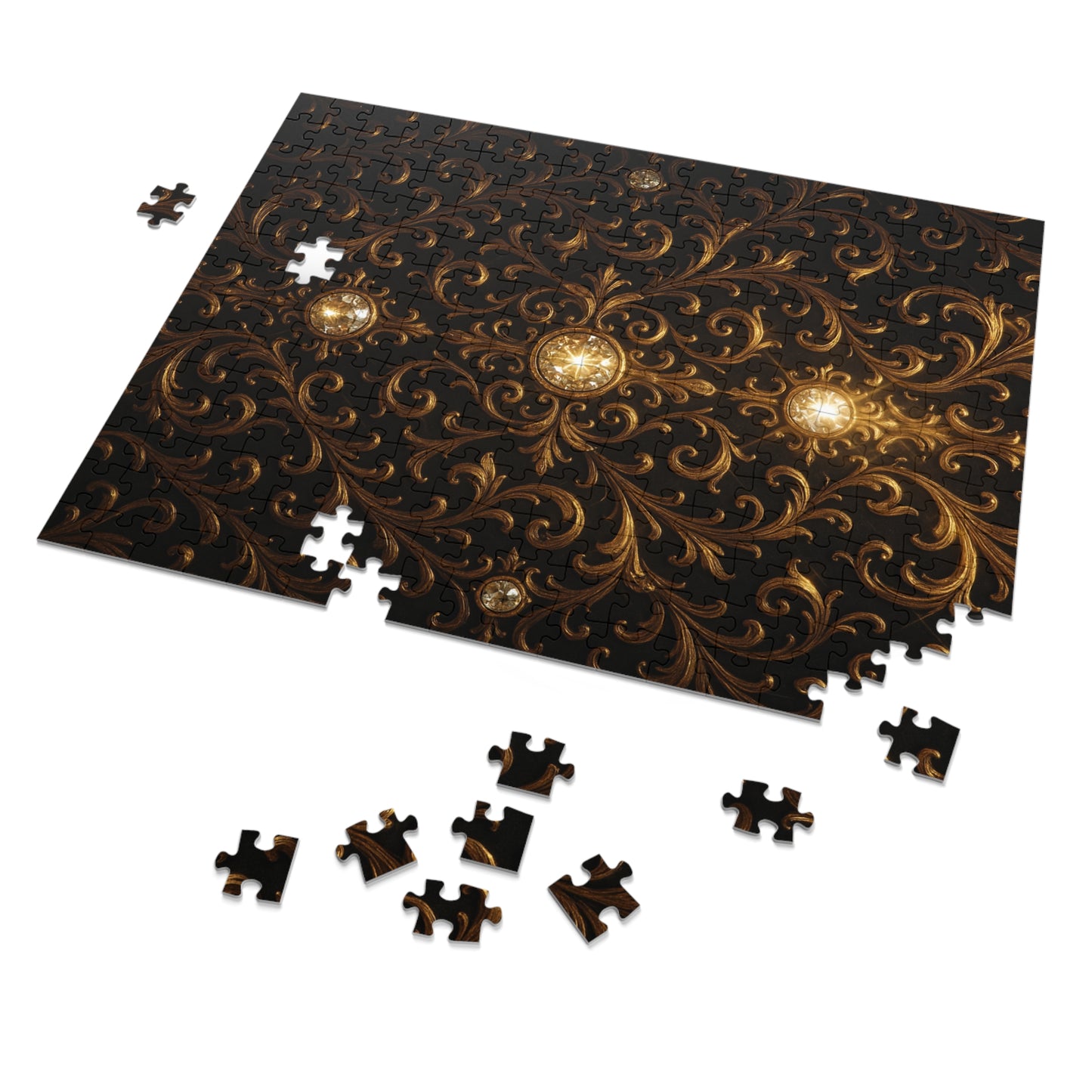 Baroque Gold Jigsaw Puzzle Elegant Gothic Puzzle for Adults, Black Ornate Scroll Pattern, Luxury Brain Game, Dark Aesthetic Gift Idea