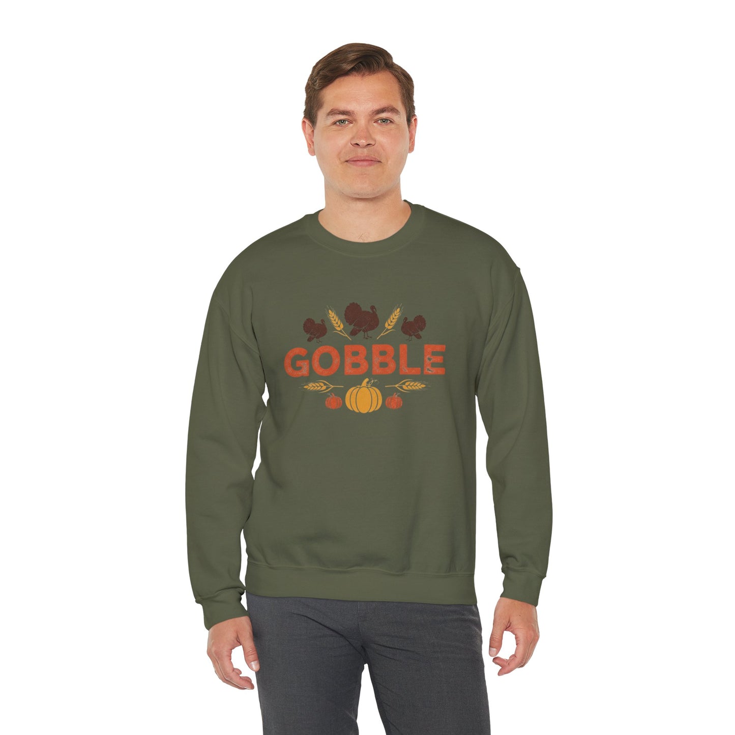 Gobble Turkey Sweatshirt, Thanksgiving Pumpkin Crewneck, Autumn Wheat & Turkey Graphic Pullover, Cozy Fall Family Turkey Day Shirt