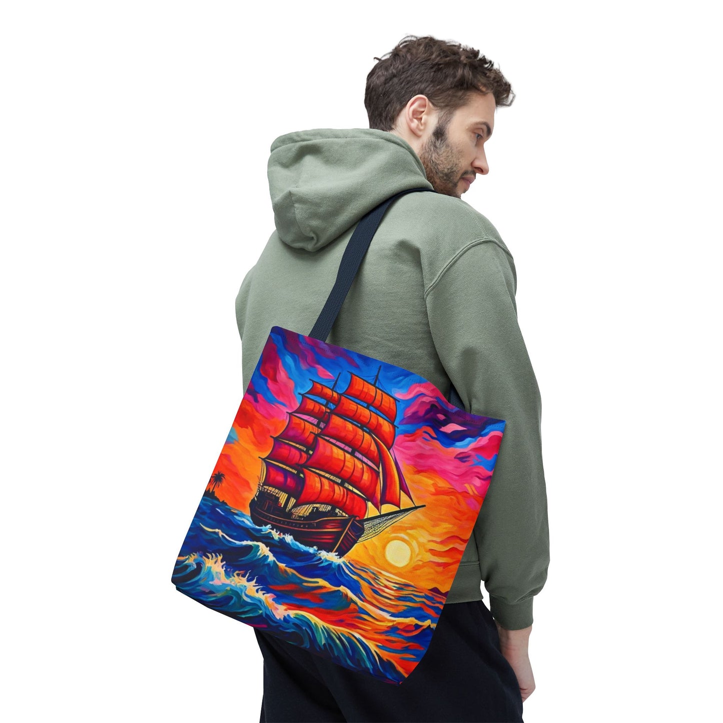 Crimson Voyage Tote Bag, Red Sailboat At Sunset Artistic Ocean Design, Nautical Reusable Tote For Beach, Travel, And Everyday Use