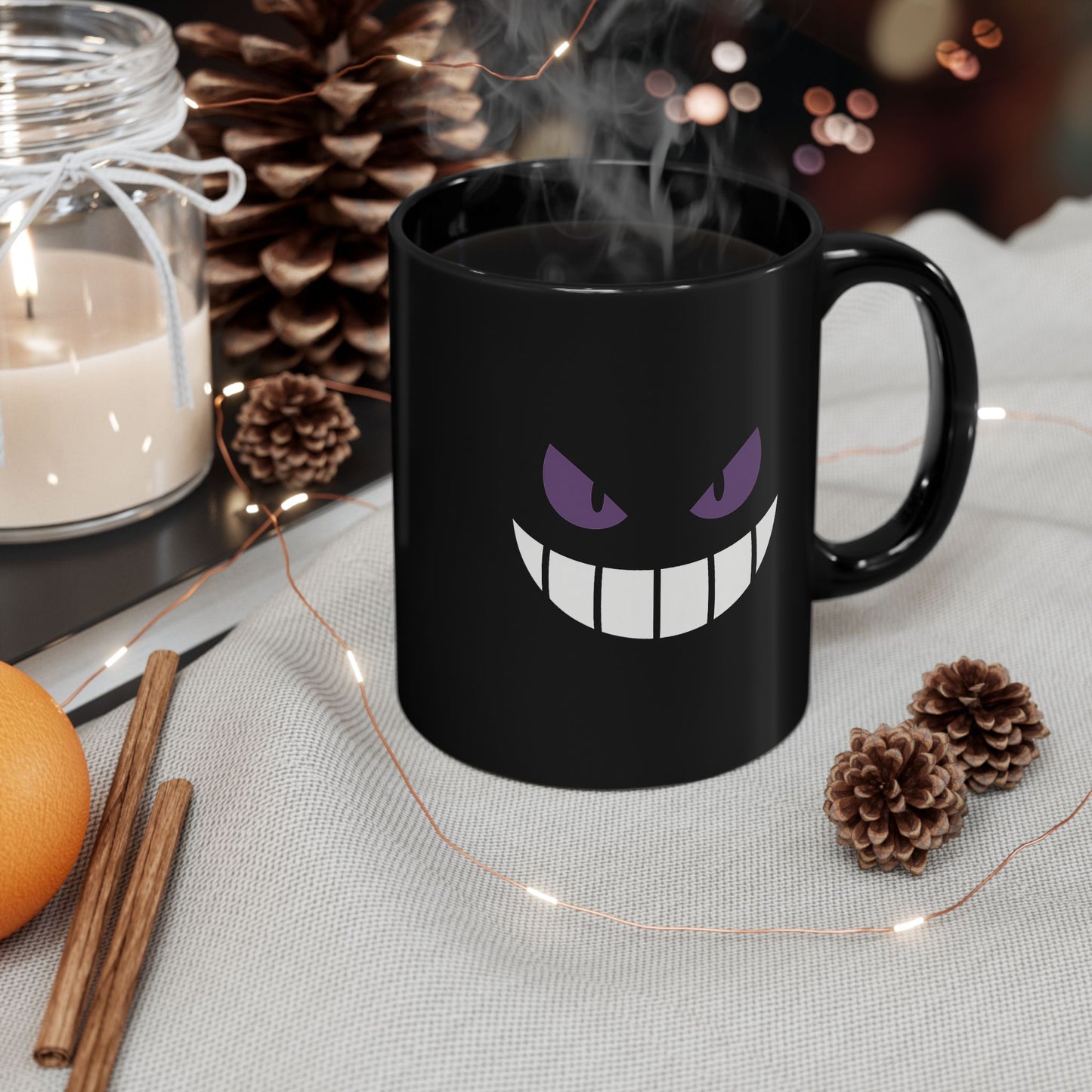 Mischievous Purple Eyes Mug - Black Coffee Cup with Spooky Grin - Cute Yet Creepy Gift for Gamers, Anime Fans, and Coffee Lovers