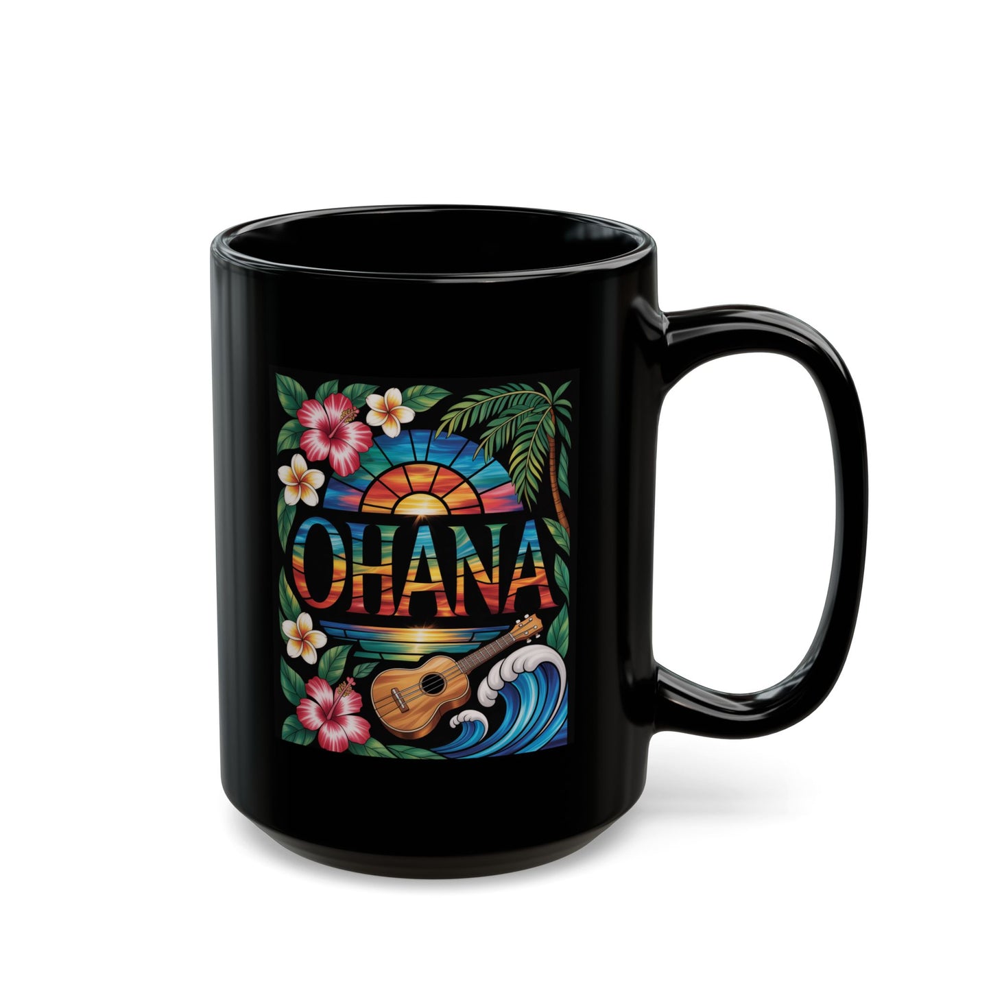 Ohana Mug Hawaiian Coffee Cup Tropical Sunset, Hibiscus Flowers, Ukulele, Aloha Gift