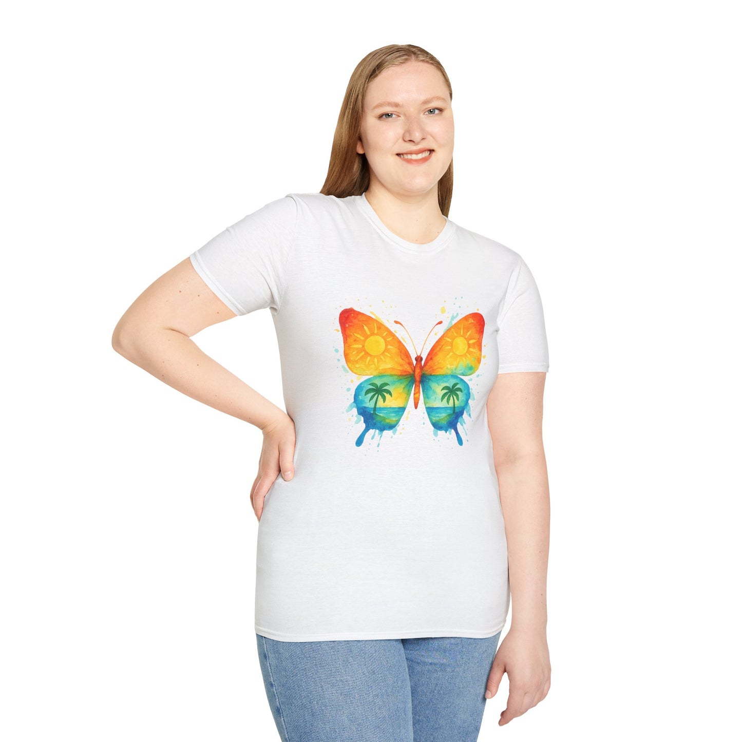 Butterfly Sunset Beach Tee - Ocean & Palm Watercolor Butterfly T-Shirt, Coastal Boho Graphic, Nature Lover Gift, Unisex Casual Tee