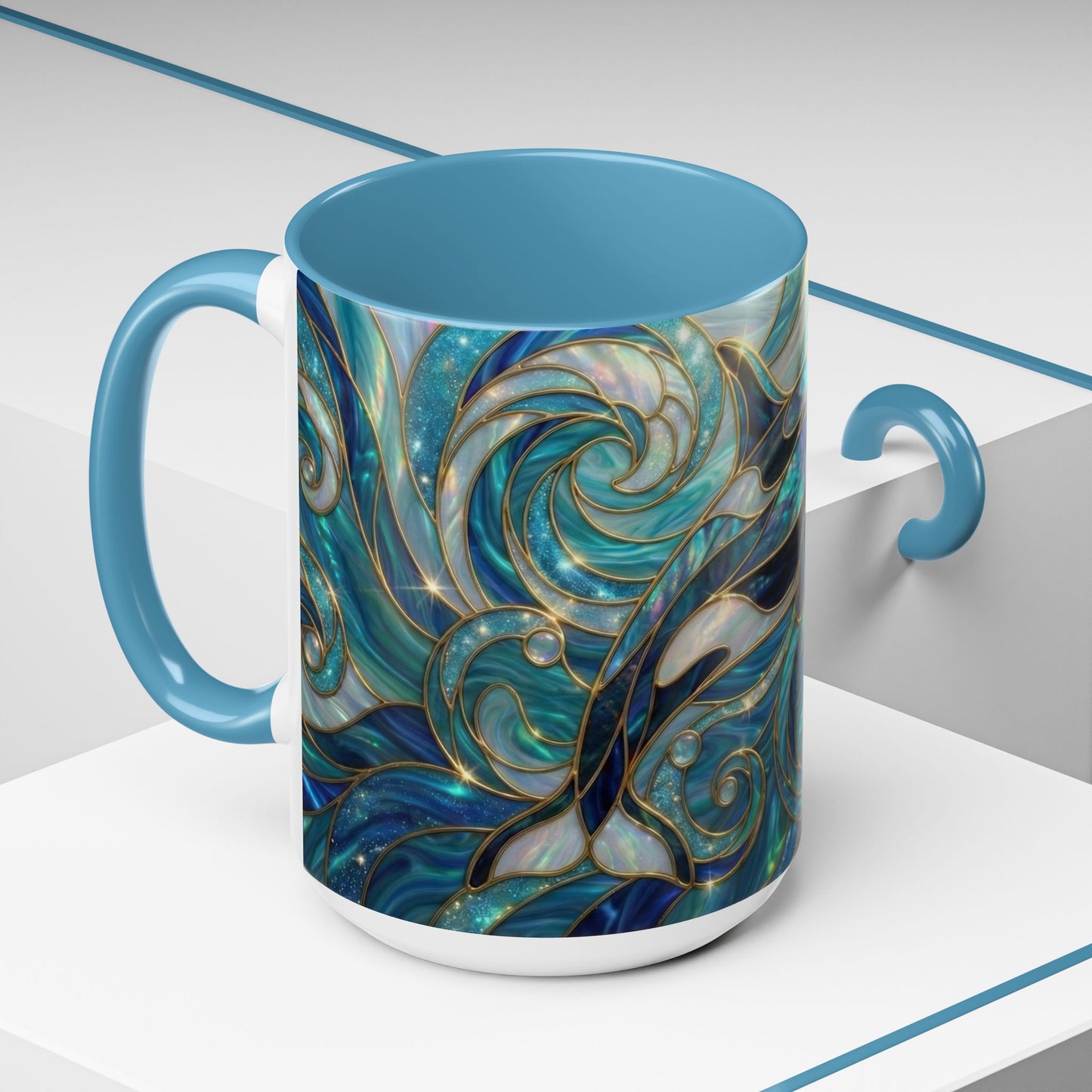Orca Whale Coffee Mug, Ocean Art Mug, Stained Glass Whale Design, Marine Life Gift, Ceramic Coffee Cup, 11oz 15oz Waves Mug, Coastal Decor