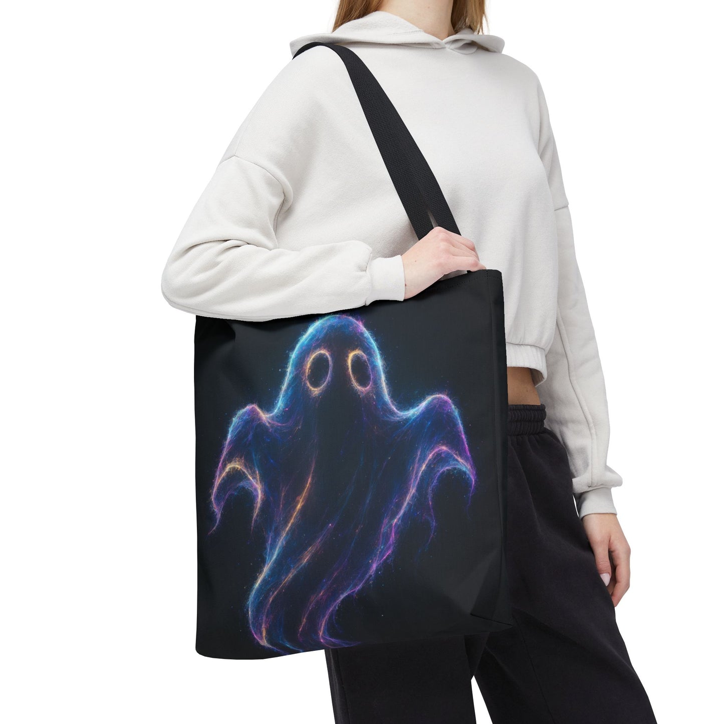 Neon Ghost Tote Bag, Spooky Halloween Canvas Tote, Glowing Cosmic Ghost Design Bag, Reusable Trick Or Treat Tote, Gothic Gift Accessory