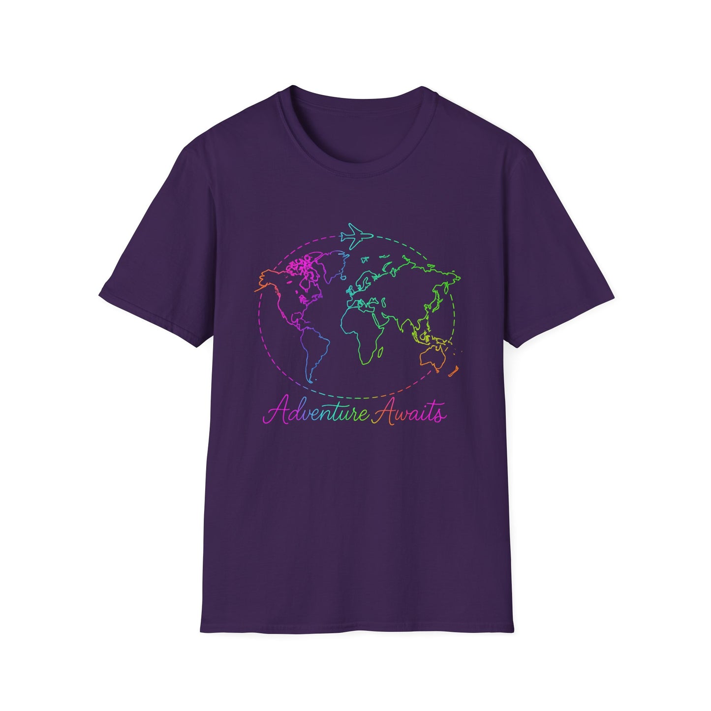 Adventure Awaits Neon Y2K Shirt - Retro Travel Tee, Rainbow Globe Graphic, Aesthetic Vacation Top, Y2K Gift for Travelers
