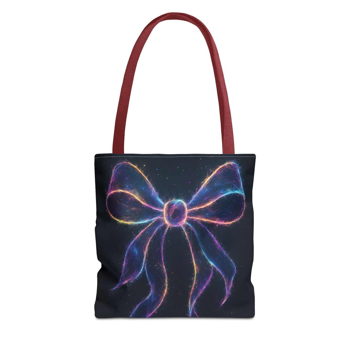 Galaxy Glow Bow Tote Bag, Cosmic Neon Ribbon Design, Black Space Art Bag, Celestial Gift For Her, Stylish Reusable Everyday Tote