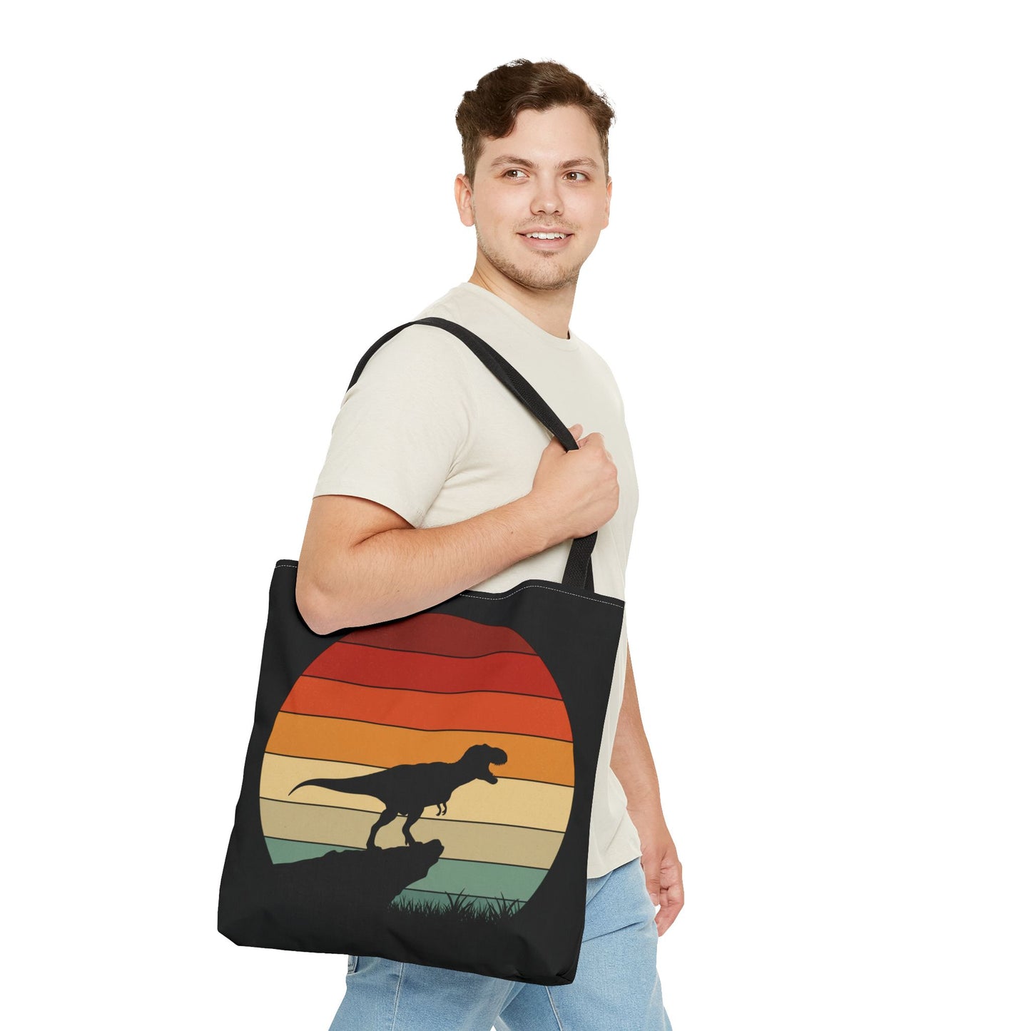 Retro Dinosaur Sunset Tote Bag | AOP Canvas Shopper - Eco Beach Bag for Dino Lovers and Kids, All-Over Print Summer Travel Gift