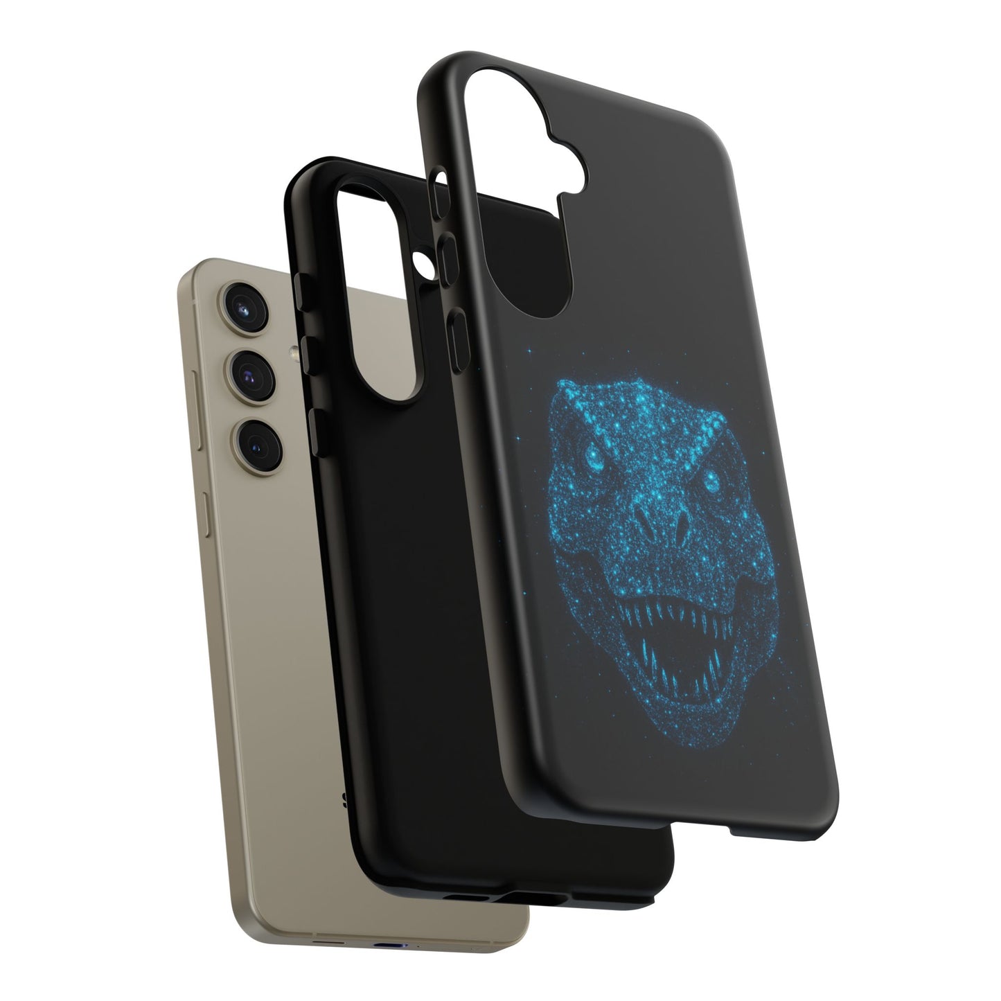 Bioluminescent T-Rex Samsung Case - Galaxy Tough Dual-Layer Cover, Cosmic Dino Particle Design, S25 S24 S23 Gift