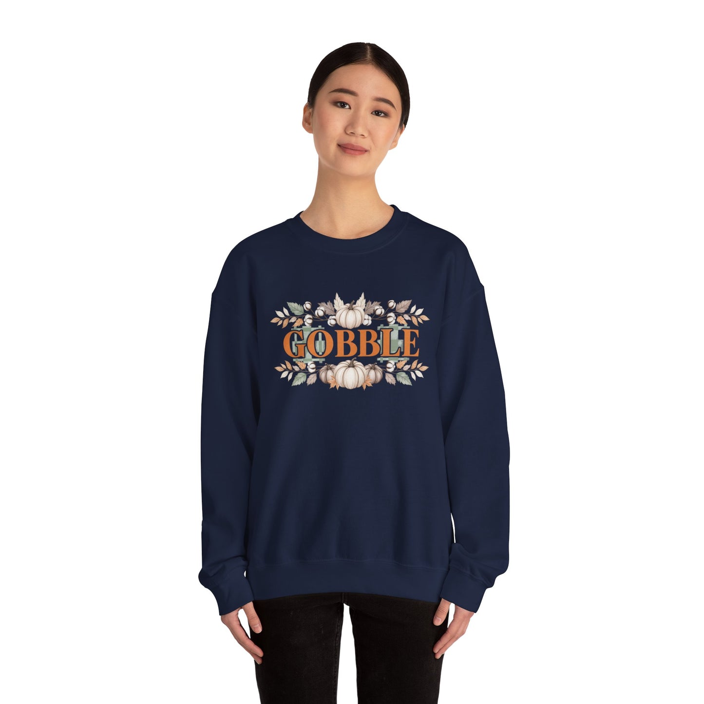 Gobble Thanksgiving Sweatshirt, Neutral Fall Pumpkin Crewneck, Autumn Cotton Stems Leaves Pullover, Cozy Rustic Thanksgiving Top