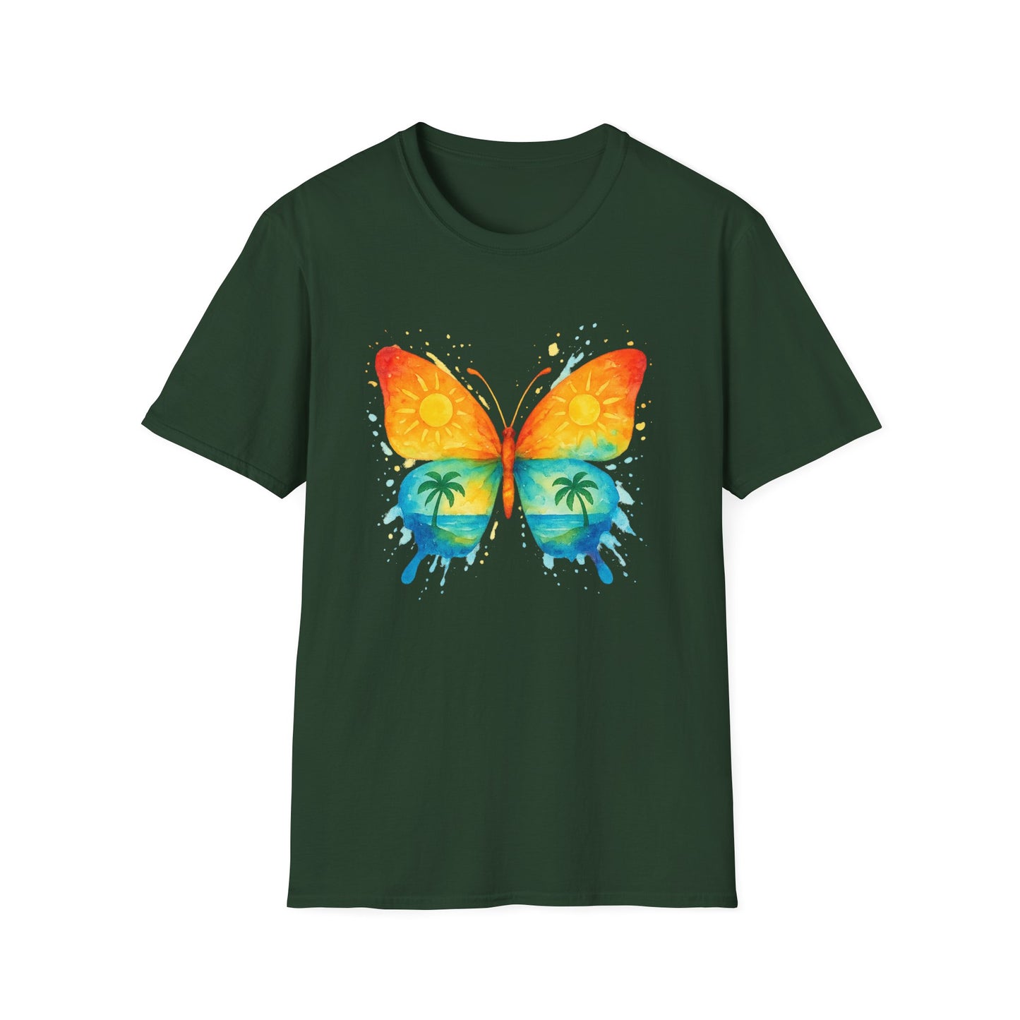 Butterfly Sunset Beach Tee - Ocean & Palm Watercolor Butterfly T-Shirt, Coastal Boho Graphic, Nature Lover Gift, Unisex Casual Tee