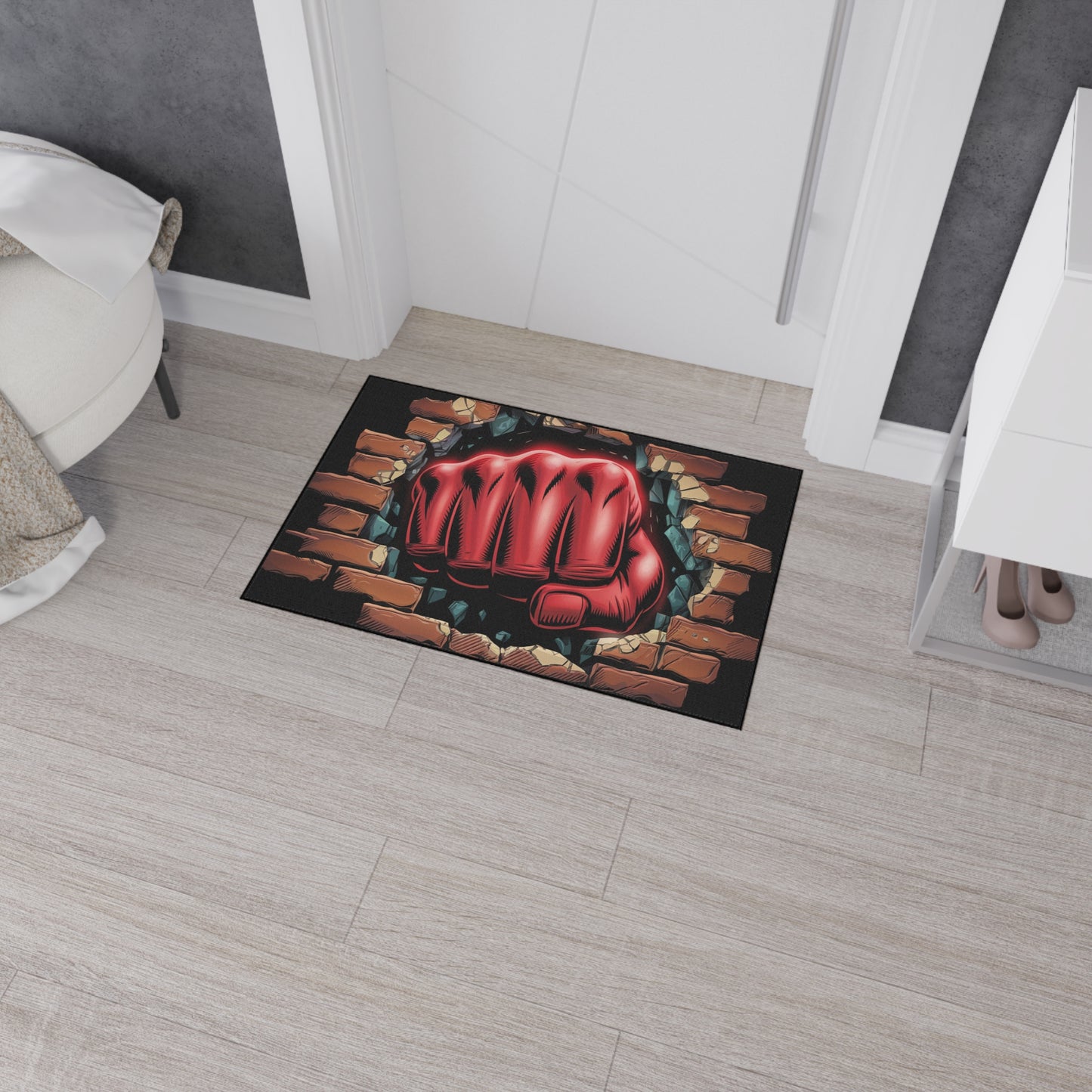 Floor Mat - Fun Red Fist Smashing Through Wall Design