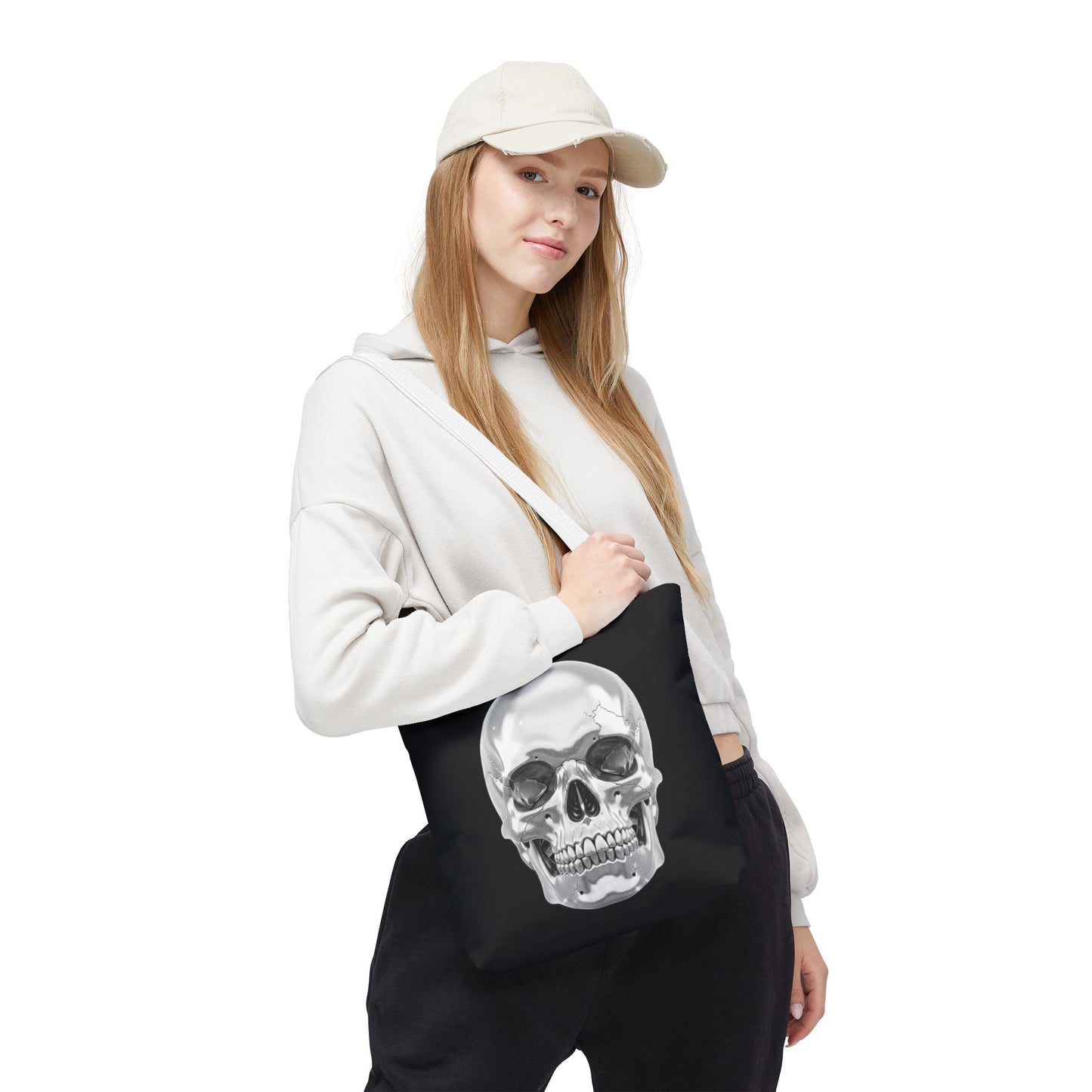 Chrome Skull Tote Bag, Gothic Halloween Canvas Tote, Metallic Skull Design Bag, Spooky Season Accessory, Skull Gift Tote For Horror Fans