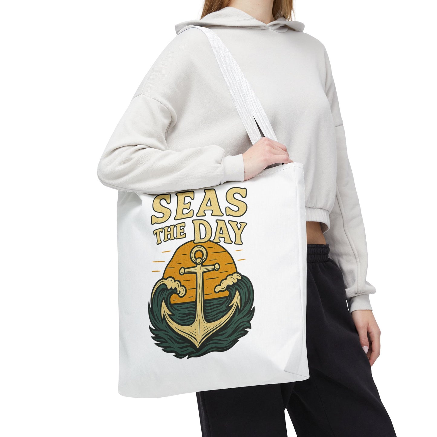 "Seas the Day" Nautical Tote Bag – Funny Beach Quote Canvas Bag with Anchor | Coastal Gift Idea for Summer, Travel, or Daily Use