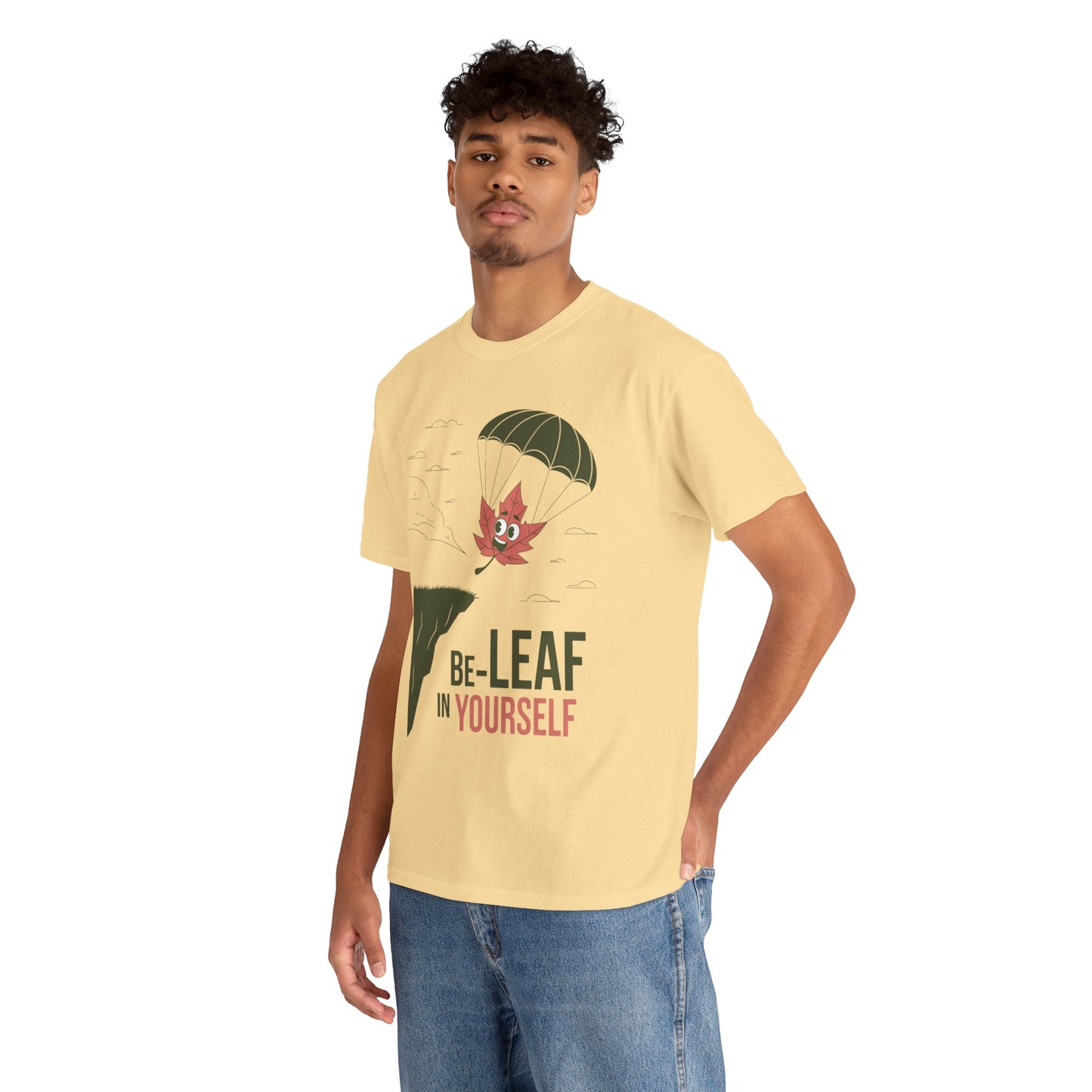 Be-Leaf In Yourself Maple Leaf Parachute T-Shirt | Funny Motivational Nature Graphic Tee | Self-Love Fall Autumn Shirt | Outdoorsy Gift