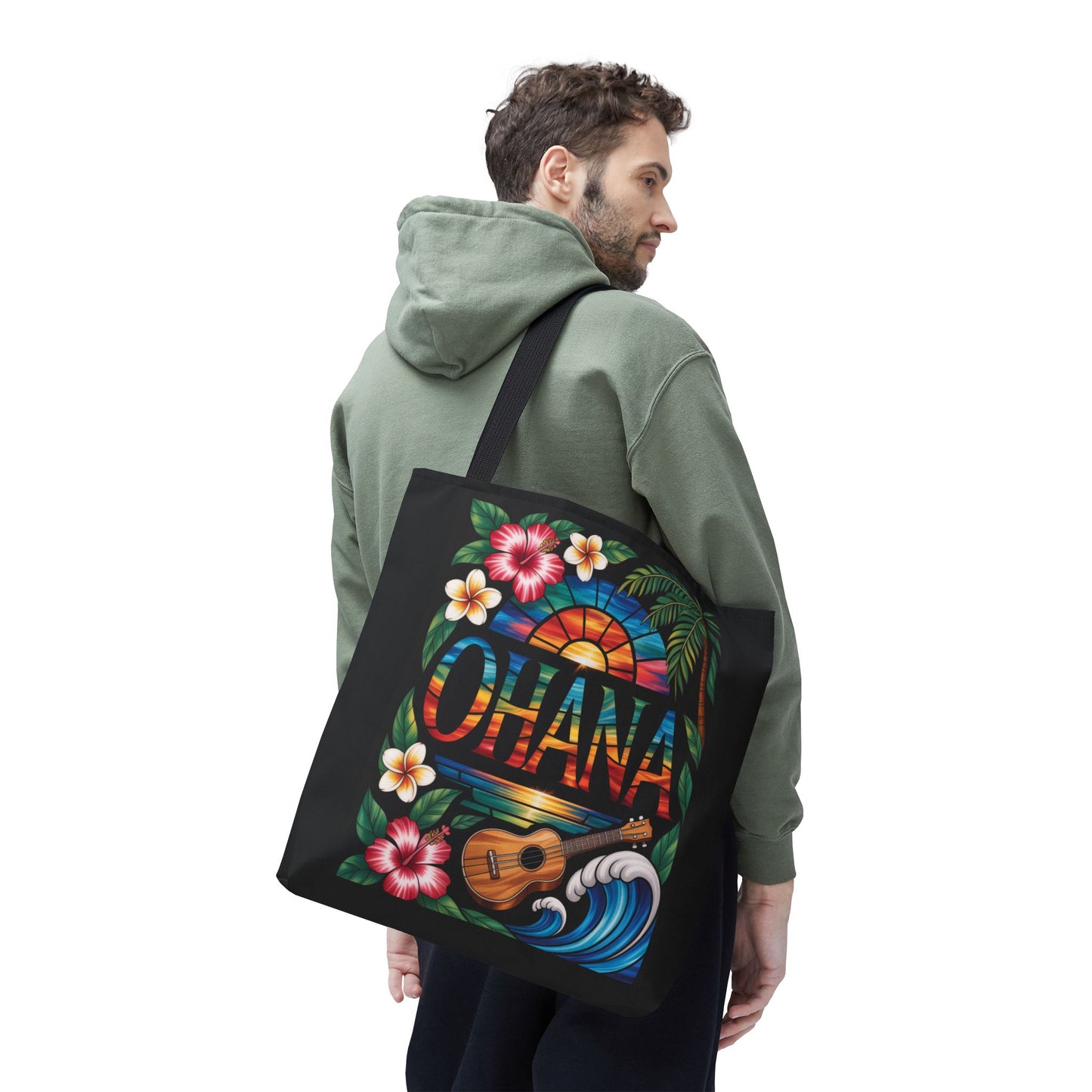 Ohana Tote Bag – Hawaiian Tropical Beach Bag with Ukulele, Sunset & Hibiscus Flowers, Island Gift for Women, Aloha Family Vibes