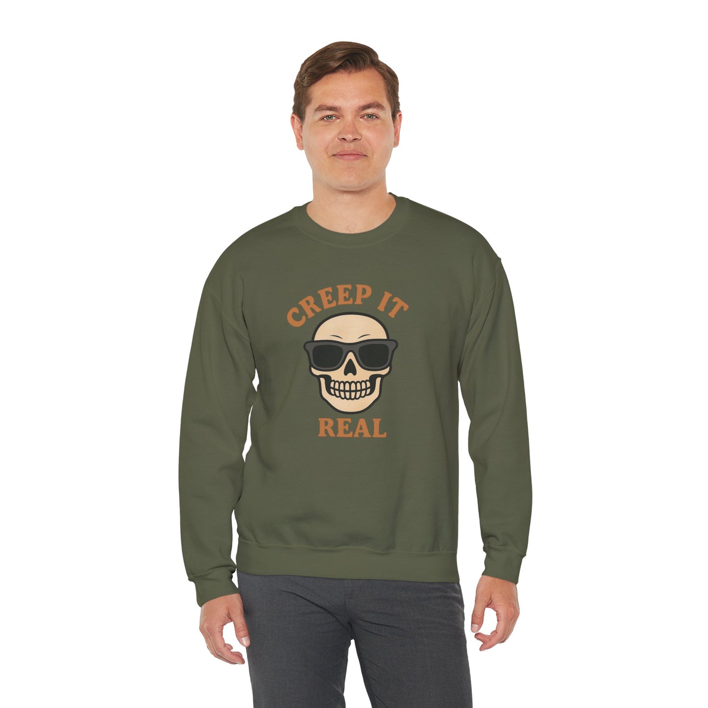 Creep It Real Skull Sweatshirt, Funny Halloween Skull Crewneck, Spooky Skeleton Pullover, Dark Graphic Sweatshirt, Unisex Halloween Gift