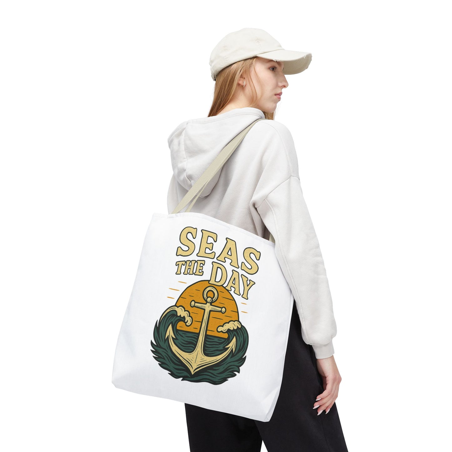 "Seas the Day" Nautical Tote Bag – Funny Beach Quote Canvas Bag with Anchor | Coastal Gift Idea for Summer, Travel, or Daily Use