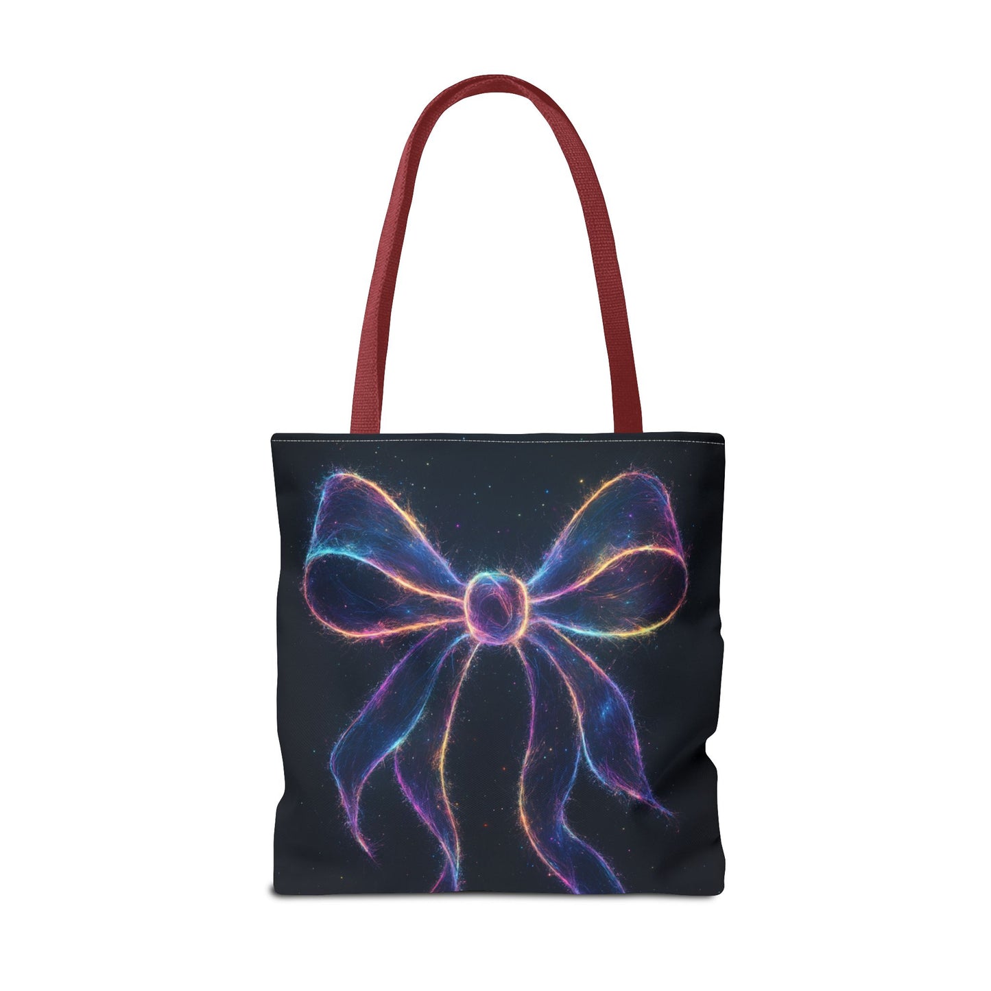 Galaxy Glow Bow Tote Bag, Cosmic Neon Ribbon Design, Black Space Art Bag, Celestial Gift For Her, Stylish Reusable Everyday Tote
