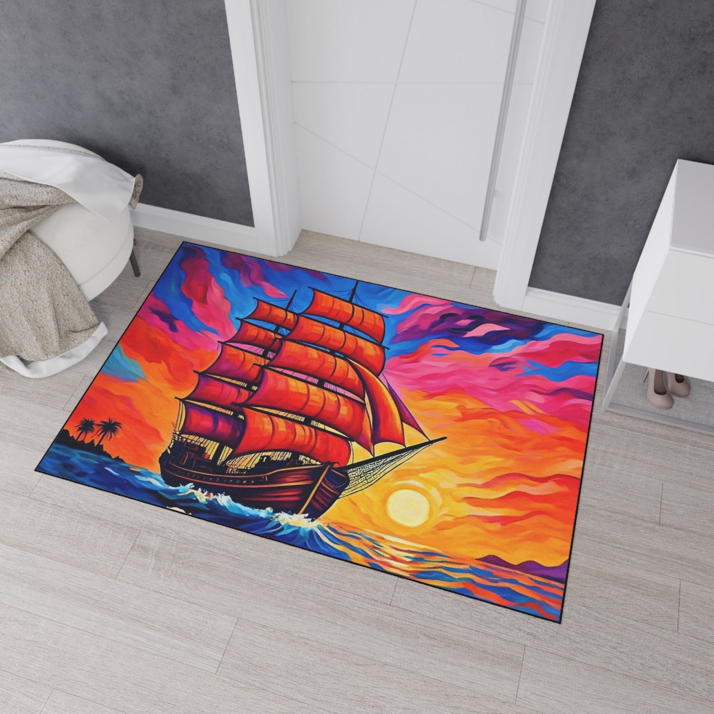 Floor Mat - Ship on Ocean at Sunset Painting