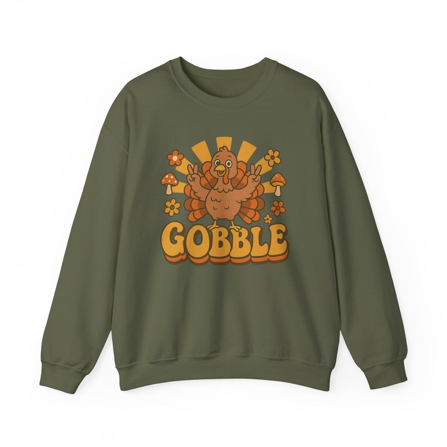 Gobble Turkey Sweatshirt, Retro Fall Turkey Crewneck, Thanksgiving Graphic Pullover, Autumn Mushroom & Flower Design, Cozy Fall Top